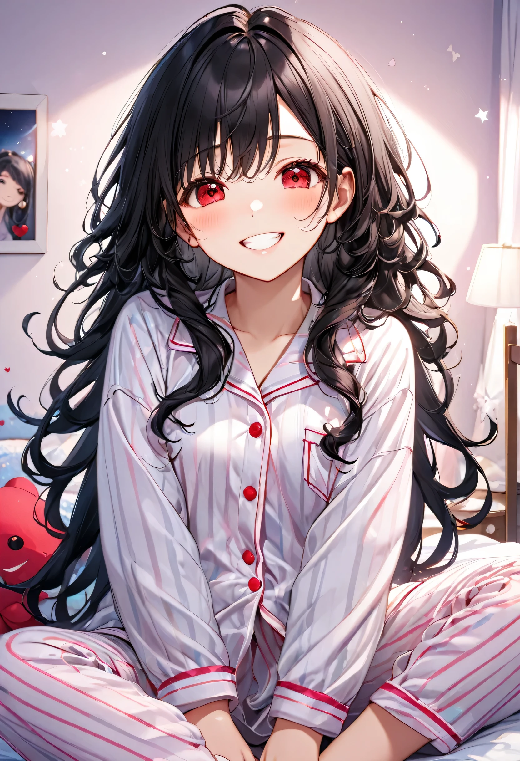 (night Pajama Party style) (in a cute pajamas) (solo:2 curly black hair long hair lovely girl, love happy red eyes, grin smile, 15 yo), break, (in deep night, in the girls bedroom), BREAK, perfect anatomy, masterpiece, best quality, 16k, beautiful detailed darkness, daydreaming expression