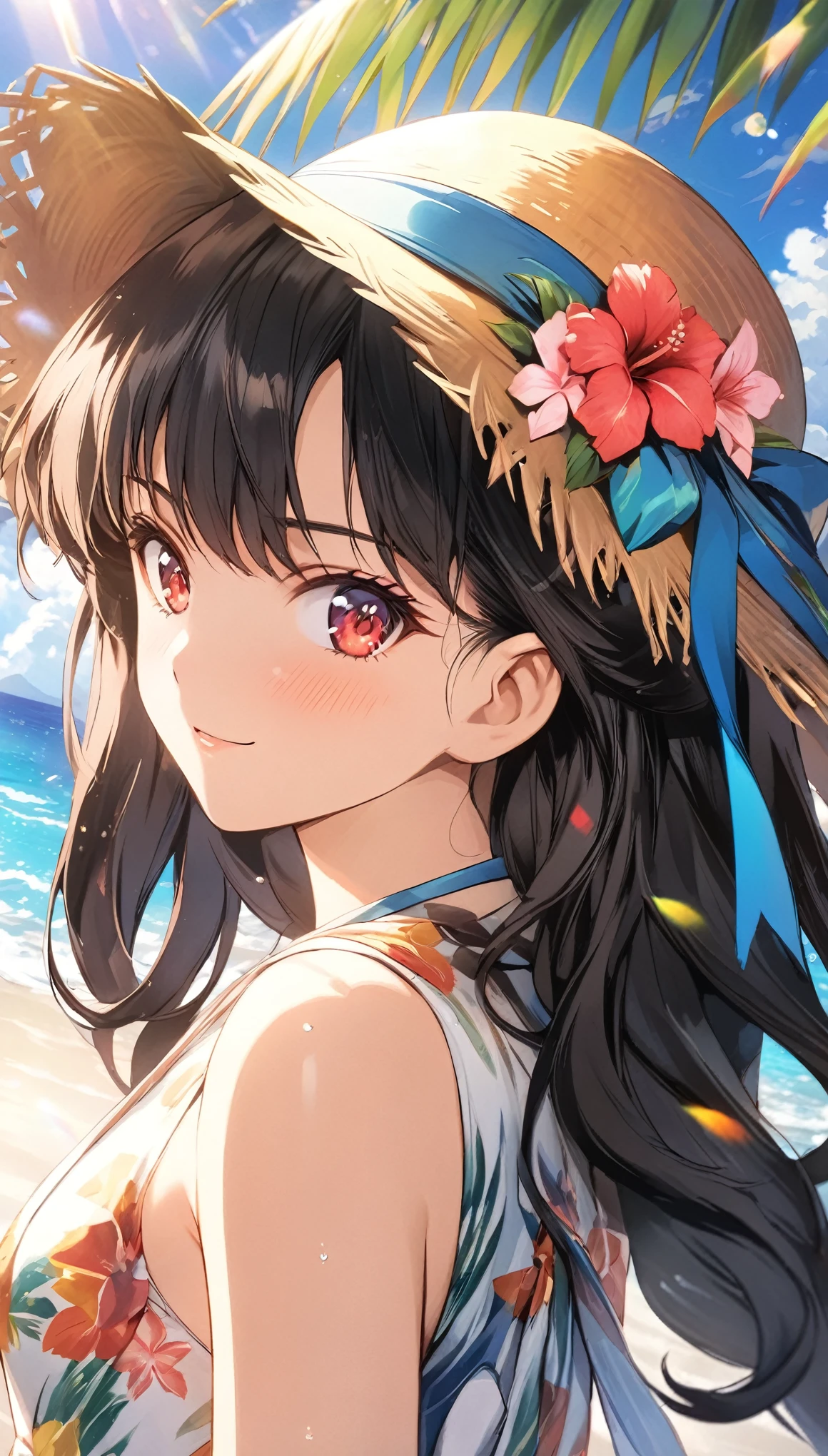 (masterpiece, highest_quality), very be familiar with cg unity 8k wallpaper, wonderful_Are you okay_figure, BREAK 1girl, long black hair wearing a straw hat, small breasts, (glamorous expression), red eyes, anime style 4k, beautiful anime portrait, anime moe art style, anime art wallpaper 4k, High quality anime art style, anime style portrait, be familiar with digital anime art, anime art wallpaper 8k, cute anime girl portrait, Hawaii background, blue sea, palm trees, sunlight, whole body, BREAK depth of field, perfect hands, nice fingers, 5_finger, 4_finger,1_thumb,