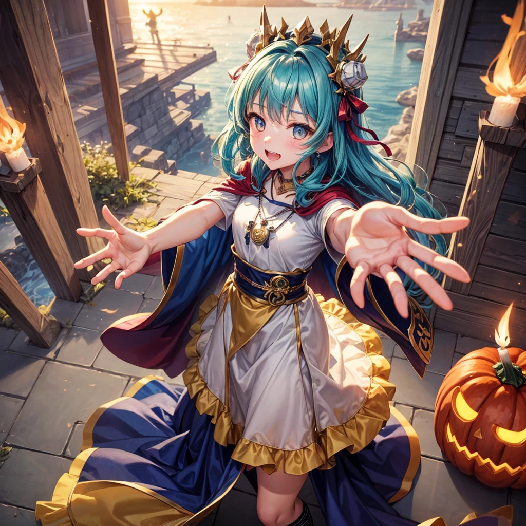Aqua blue hair、Golden Eyes、Braid、One good looking girl、solo、anime、Checkered mini skirt、Ruffles on the skirt、Red T-shirt、Cape、Gothic、Black knee-high socks、bandana、Fluffy clothes、Wearing a ribbon、Ribbon on waist、Tilting face、Teeth are visible、Sunset sky、Piercing the clouds、Contrail、lotus leaves、Cumulonimbus、Pillar of Light、candle fire、Silver coin necklace、A world of light、Spreading his arms for balance、Pumpkin hat、From above