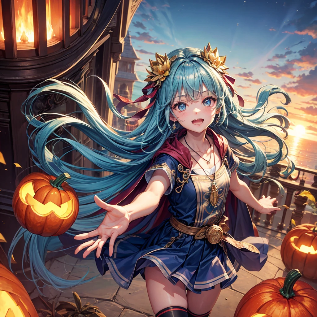 Aqua blue hair、Golden Eyes、Braid、One good looking girl、solo、anime、Checkered mini skirt、Ruffles on the skirt、Red T-shirt、Cape、Gothic、Black knee-high socks、bandana、Fluffy clothes、Wearing a ribbon、Ribbon on waist、Tilting face、Teeth are visible、Sunset sky、Piercing the clouds、Contrail、lotus leaves、Cumulonimbus、Pillar of Light、candle fire、Silver coin necklace、A world of light、Spreading his arms for balance、Pumpkin hat、From above