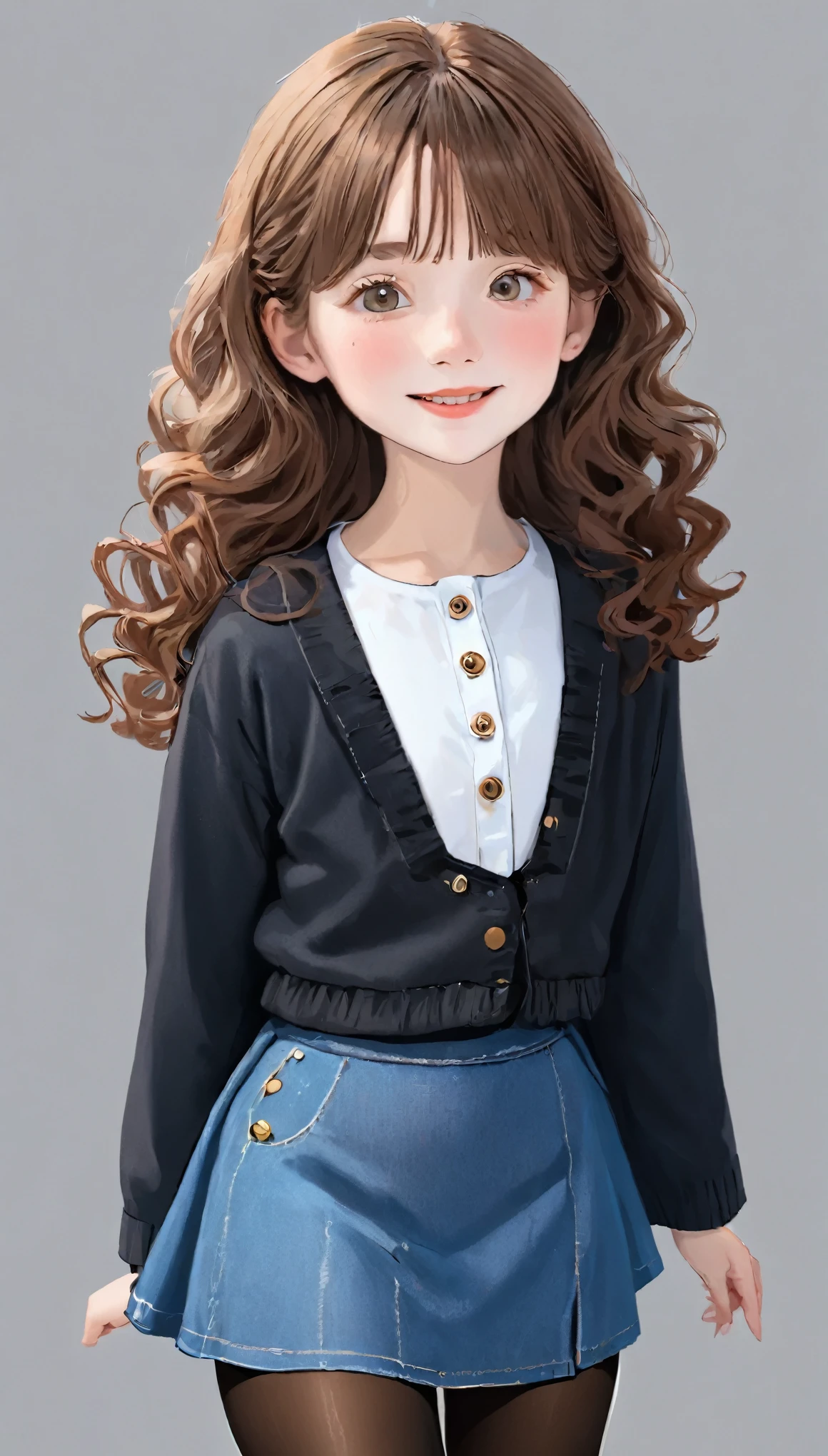 4K, masterpiece, 8k, high quality, 最high quality,10歳のcute少等生, Very white skin, long brown curly hair，a bit，Low length，freckles，Thick eyebrows，Blunt bangs，(Flat Chest) ，feminine, freckles, Tilt, elegant, elegant, cute, smile, cute, Hilarious, belly button, Denim Low Rise Mini Skirt, ((Black Pantyhose)), (Ugly clothes)、((Gray background))