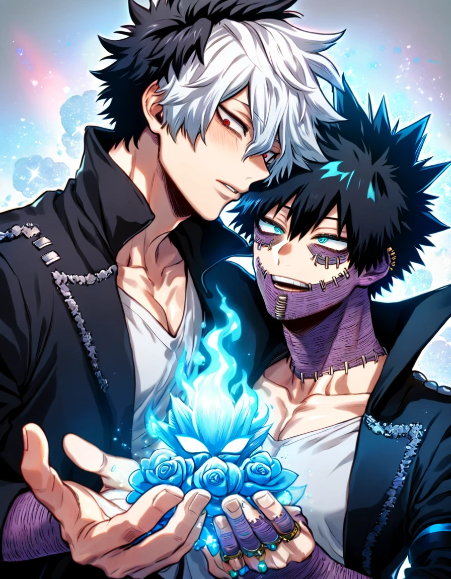 absurdres, highres, ultra detailed, HDR, master piece, best quality, Dabi, black hair spiked around his head, expressive turquoise eyes, Boku no hero academia, Shigaraki Tomura, white hair, expressive red eyes, two sexy men together, gay couple, yaoi, handsome, toned chest, magical, fantasy, black coat with high collar, white shirt, blue flames background, blue roses, shining, blue petals, blue glittering fireflies, blue fire