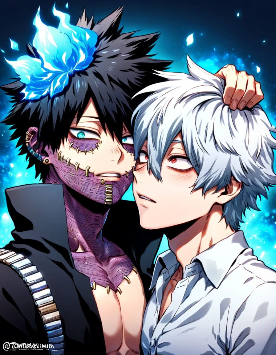 absurdres, highres, ultra detailed, HDR, master piece, best quality, Dabi, black hair spiked around his head, expressive turquoise eyes, Boku no hero academia, Shigaraki Tomura, white hair, expressive red eyes, two sexy men together, gay couple, yaoi, handsome, toned chest, magical, fantasy, black coat with high collar, white shirt, blue flames background, blue roses, shining, blue petals, blue glittering fireflies, blue fire
