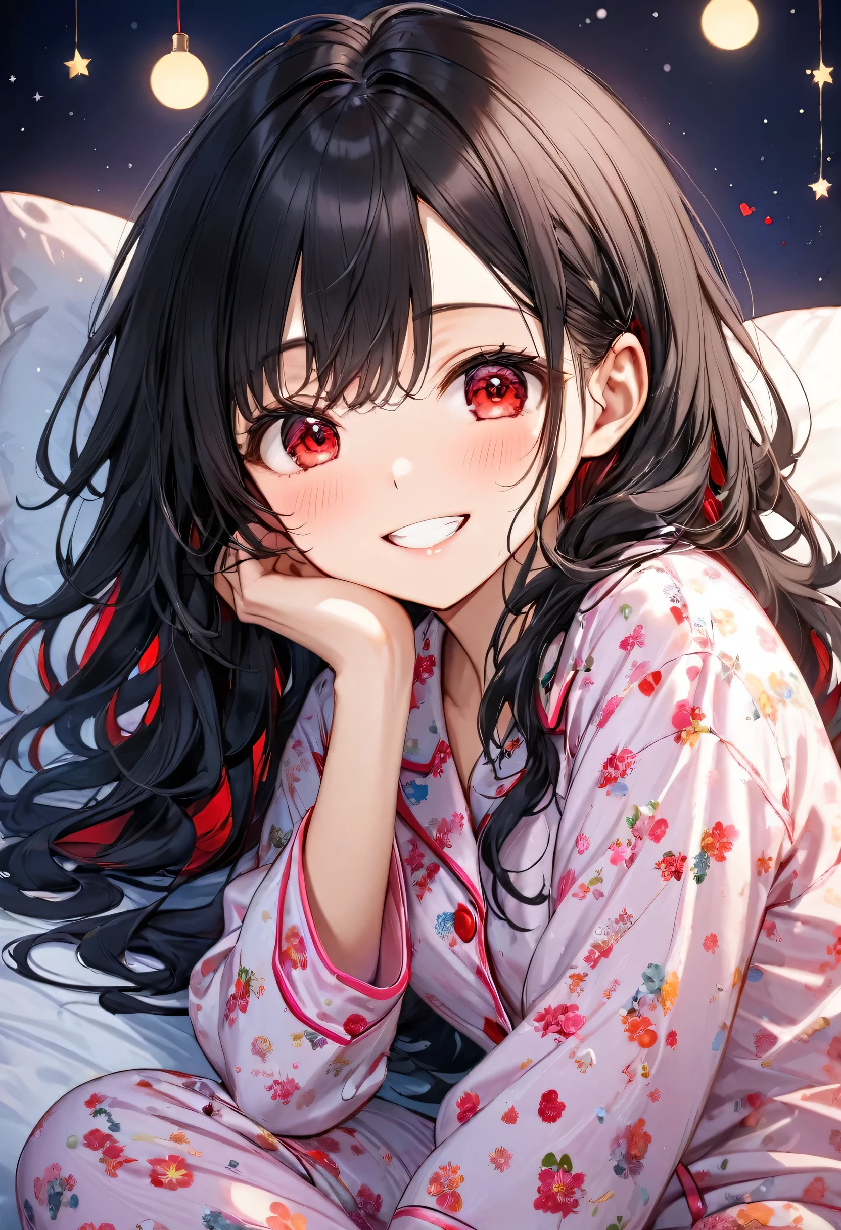 (night Pajama Party style) (in a cute pajamas) (solo:2 curly black hair long hair lovely girl, love happy red eyes, grin smile, 15 yo), break, (in deep night, in the girls bedroom), BREAK, perfect anatomy, masterpiece, best quality, 16k, beautiful detailed darkness, daydreaming expression