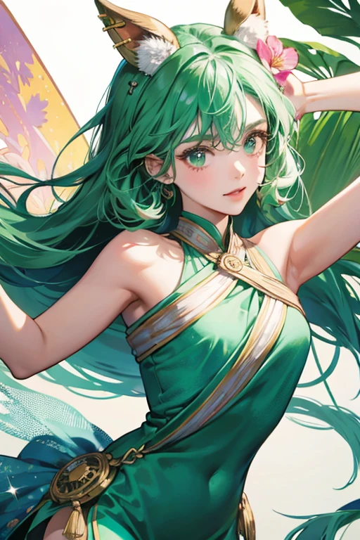 Ecopanatchi has a round green body with arms and legs. She has green hair with two protruding points and wears two pink flowers on both sides of her head. SPARKLE; GLITTER