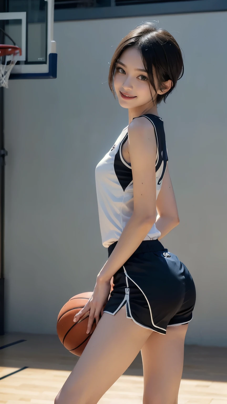 ((face the front of the camera:2.0)), (Clothing:2.0, Basketball Uniform:2.0, Shorts:2.0), (Indoor basketball court:1.5), (Wet:1.5), ((A grin:1.2, short hair:1.2, slender:1.5, Small Ass:1.5)), ((Japanese, 1 Girl, 18-year-old, 7 heads, Ideal body proportions, Black Hair, With bangs, Small breasts, Erect nipples, slender, Small Ass, Beautiful feet, Skinny Legs)), Surrealism, Cinematic Lighting, Depth of written boundary, First Person View, Boobs F/1.8, 135mm, Ticker, Mastepiece, Curate, ((Anatomically correct:1.3)), Textured skin, Super Detail, High detail, High quality, Awards, Best Quality, High resolution, 8K