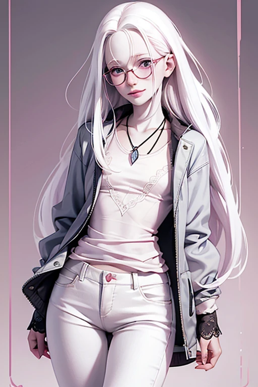 (pink clothing), Cute 18 yo (albino:1.4)woman of Slavic descent.(short:1.1), , long white hair, gray eyes, ((very pale:1.4)). Innocent look. Gentle spirit.(virgin), (joy),(smile:1.1). Mascara, eyeglasses, necklace. Jacket, Lace top, skinny jeans, pumps.