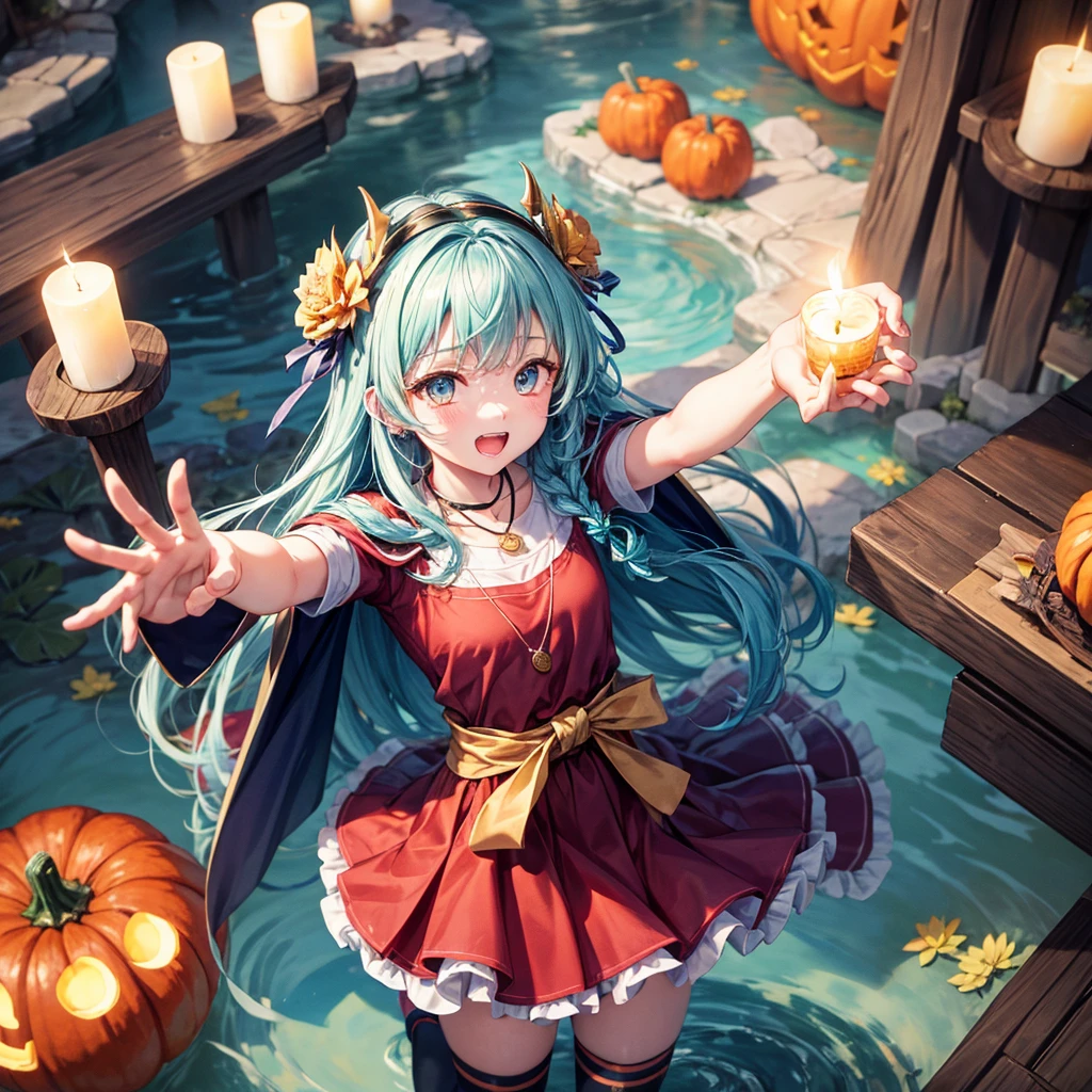 Aqua blue hair、Golden Eyes、Braid、One good looking girl、solo、anime、Checkered mini skirt、Ruffles on the skirt、Red T-shirt、Cape、Gothic、Black knee-high socks、bandana、Fluffy clothes、Wearing a ribbon、Ribbon on waist、Tilting face、Teeth are visible、Sunset sky、Piercing the clouds、Contrail、lotus leaves、Cumulonimbus、Pillar of Light、candle fire、Silver coin necklace、A world of light、Spreading his arms for balance、Pumpkin hat、From above