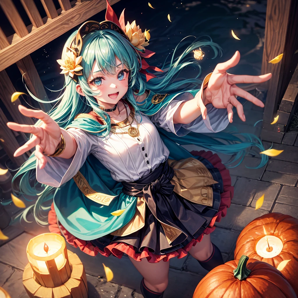 Aqua blue hair、Golden Eyes、Braid、One good looking girl、solo、anime、Checkered mini skirt、Ruffles on the skirt、Red T-shirt、Cape、Gothic、Black knee-high socks、bandana、Fluffy clothes、Wearing a ribbon、Ribbon on waist、Tilting face、Teeth are visible、Sunset sky、Piercing the clouds、Contrail、lotus leaves、Cumulonimbus、Pillar of Light、candle fire、Silver coin necklace、A world of light、Spreading his arms for balance、Pumpkin hat、From above