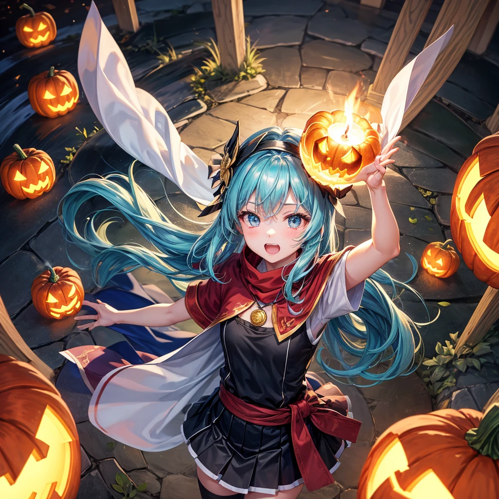 Aqua blue hair、Golden Eyes、Braid、One good looking girl、solo、anime、Checkered mini skirt、Ruffles on the skirt、Red T-shirt、Cape、Gothic、Black knee-high socks、bandana、Fluffy clothes、Wearing a ribbon、Ribbon on waist、Tilting face、Teeth are visible、Sunset sky、Piercing the clouds、Contrail、lotus leaves、Cumulonimbus、Pillar of Light、candle fire、Silver coin necklace、A world of light、Spreading his arms for balance、Pumpkin hat、From above