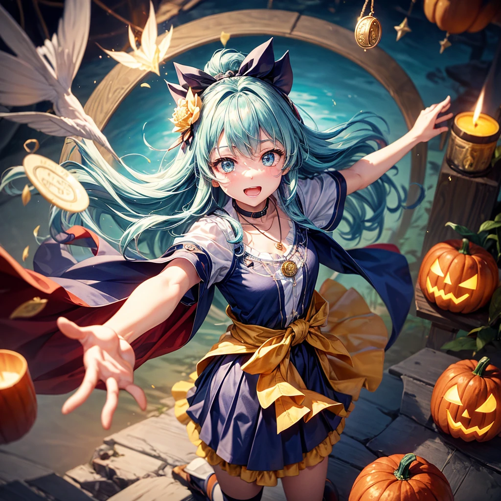 Aqua blue hair、Golden Eyes、Braid、One good looking girl、solo、anime、Checkered mini skirt、Ruffles on the skirt、Red T-shirt、Cape、Gothic、Black knee-high socks、bandana、Fluffy clothes、Wearing a ribbon、Ribbon on waist、Tilting face、Teeth are visible、Sunset sky、Piercing the clouds、Contrail、lotus leaves、Cumulonimbus、Pillar of Light、candle fire、Silver coin necklace、A world of light、Spreading his arms for balance、Pumpkin hat、From above