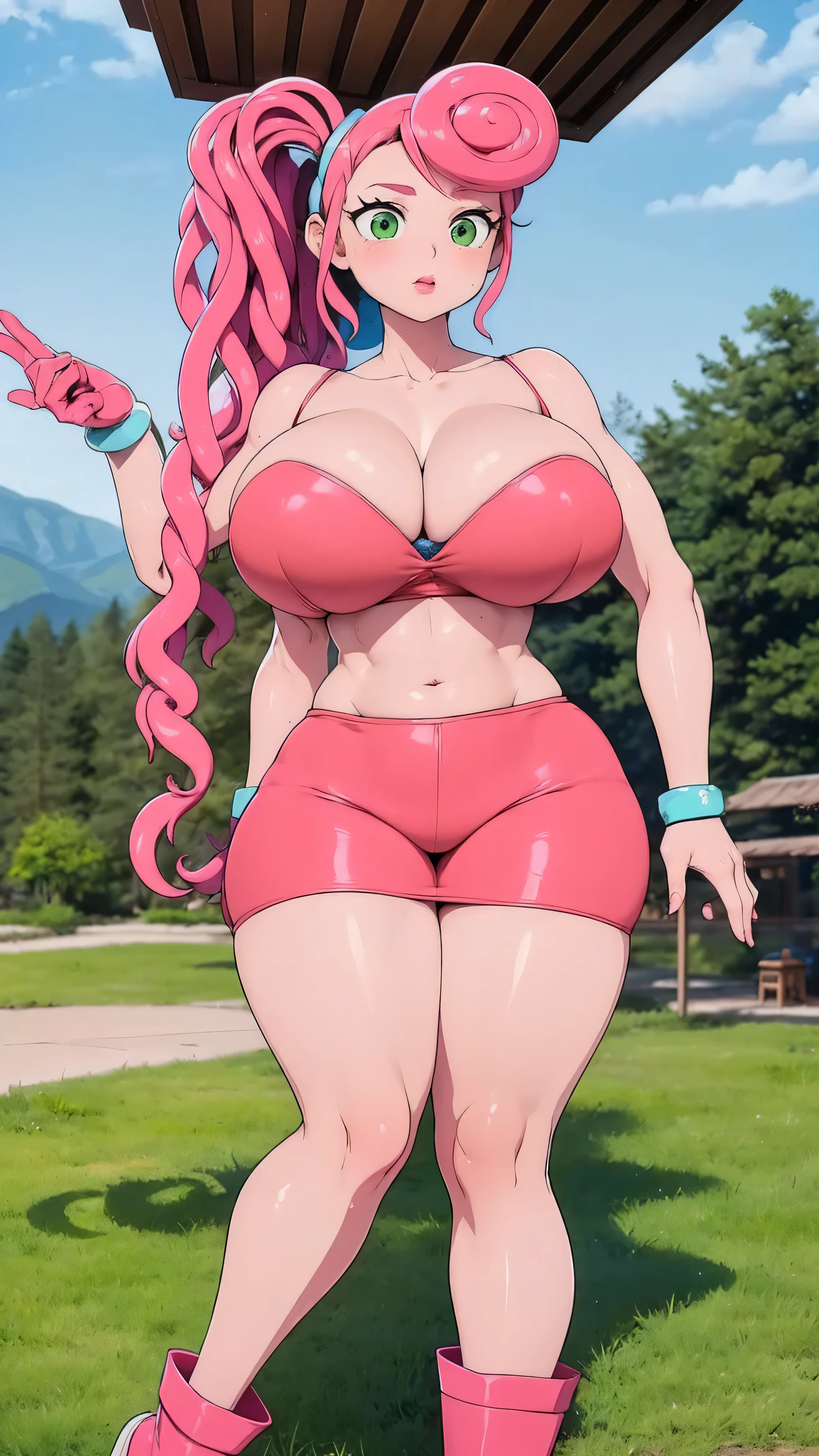 A tall girl, beautiful, sexy, cute, big breast, pink hair, long braids, menchon on the side, her green eye, pink lip, she wears a pink bra, top, and her pink miniskirt, pink metallic boot, wearing a pink glove, blue bracelet, and her arms, she has a wedding finger ring.