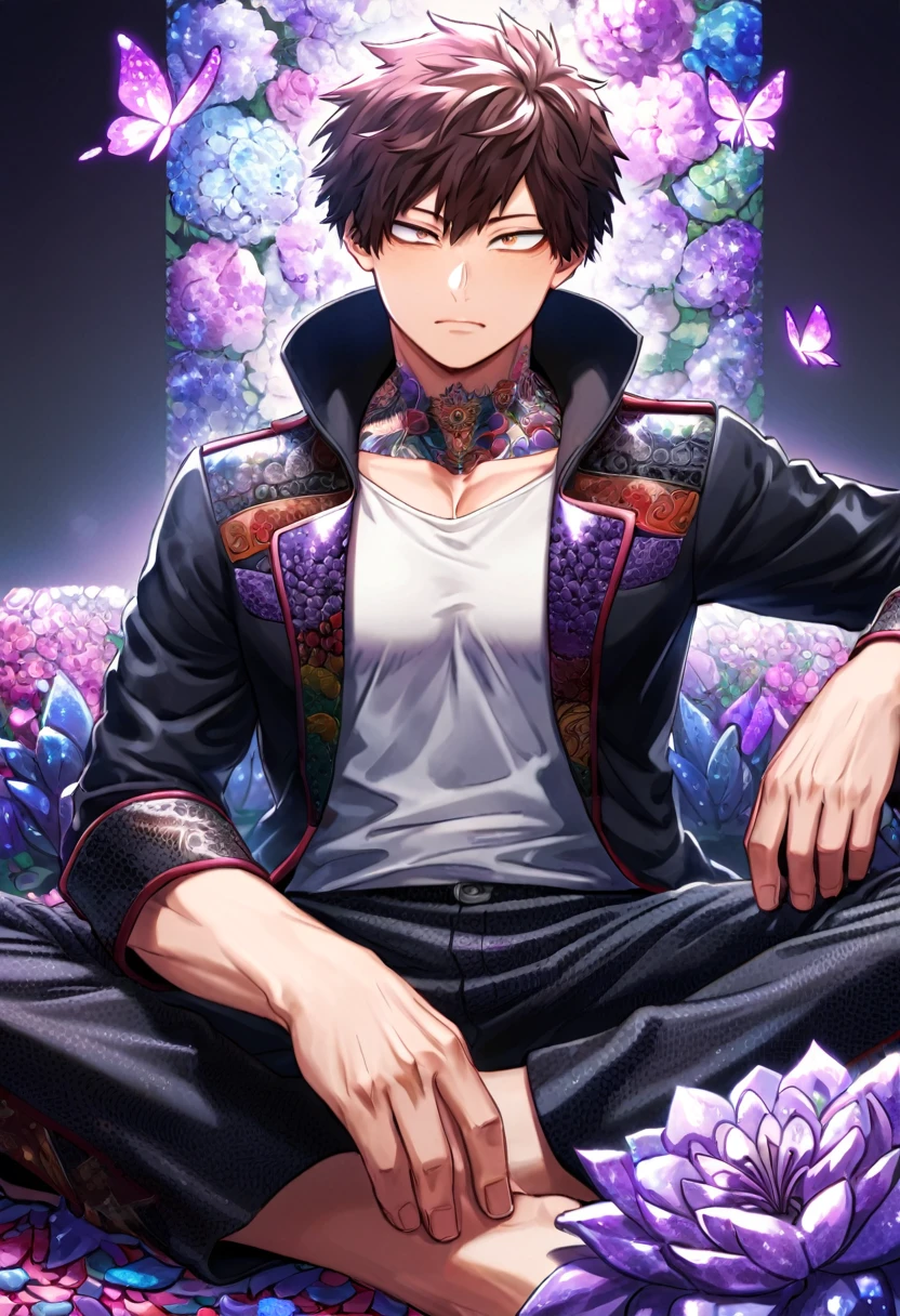 Ultra detailed, Highres, absurdres, HDR, Chisaki Kai, Overhaul, brown short hair, expressive golden eyes, black coat with patterns, Boku No Hero Academia, white shirt, fantasy, glittering purple butterflies, petals, handsome, sexy man, solo, very detailed eyes and face, master piece, toned chest, glittering, purple flowers, sitting, tattoo on his neck