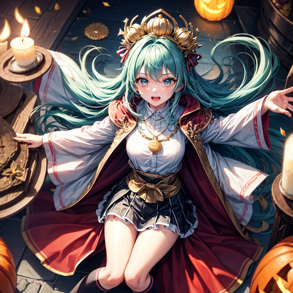 Aqua blue hair、Golden Eyes、Braid、One good looking girl、solo、anime、Checkered mini skirt、Ruffles on the skirt、Red T-shirt、Cape、Gothic、Black knee-high socks、bandana、Fluffy clothes、Wearing a ribbon、Ribbon on waist、Tilting face、Teeth are visible、Sunset sky、Piercing the clouds、Contrail、lotus leaves、Cumulonimbus、Pillar of Light、candle fire、Silver coin necklace、A world of light、Spreading his arms for balance、Pumpkin hat、From above