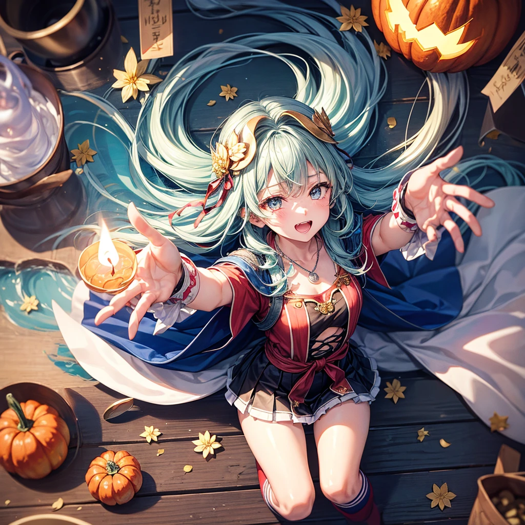 Aqua blue hair、Golden Eyes、Braid、One good looking girl、solo、anime、Checkered mini skirt、Ruffles on the skirt、Red T-shirt、Cape、Gothic、Black knee-high socks、bandana、Fluffy clothes、Wearing a ribbon、Ribbon on waist、Tilting face、Teeth are visible、Sunset sky、Piercing the clouds、Contrail、lotus leaves、Cumulonimbus、Pillar of Light、candle fire、Silver coin necklace、A world of light、Spreading his arms for balance、Pumpkin hat、From above