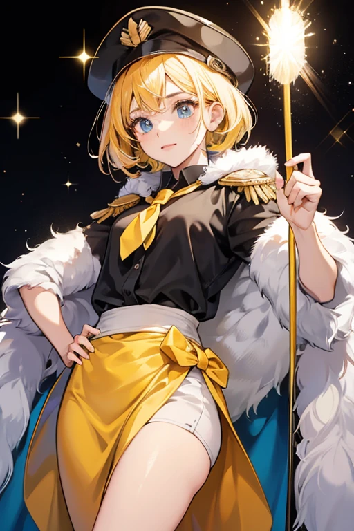 she is based upon the famous explorer, Christopher Colombus. sHe has white skin, blue eyes, pink cheeks, and yellow hair. sHe wears a black and yellow cap with a yellow feather, a black shirt with yellow epaulettes, and a red cape. SPARKLE; GLITTER