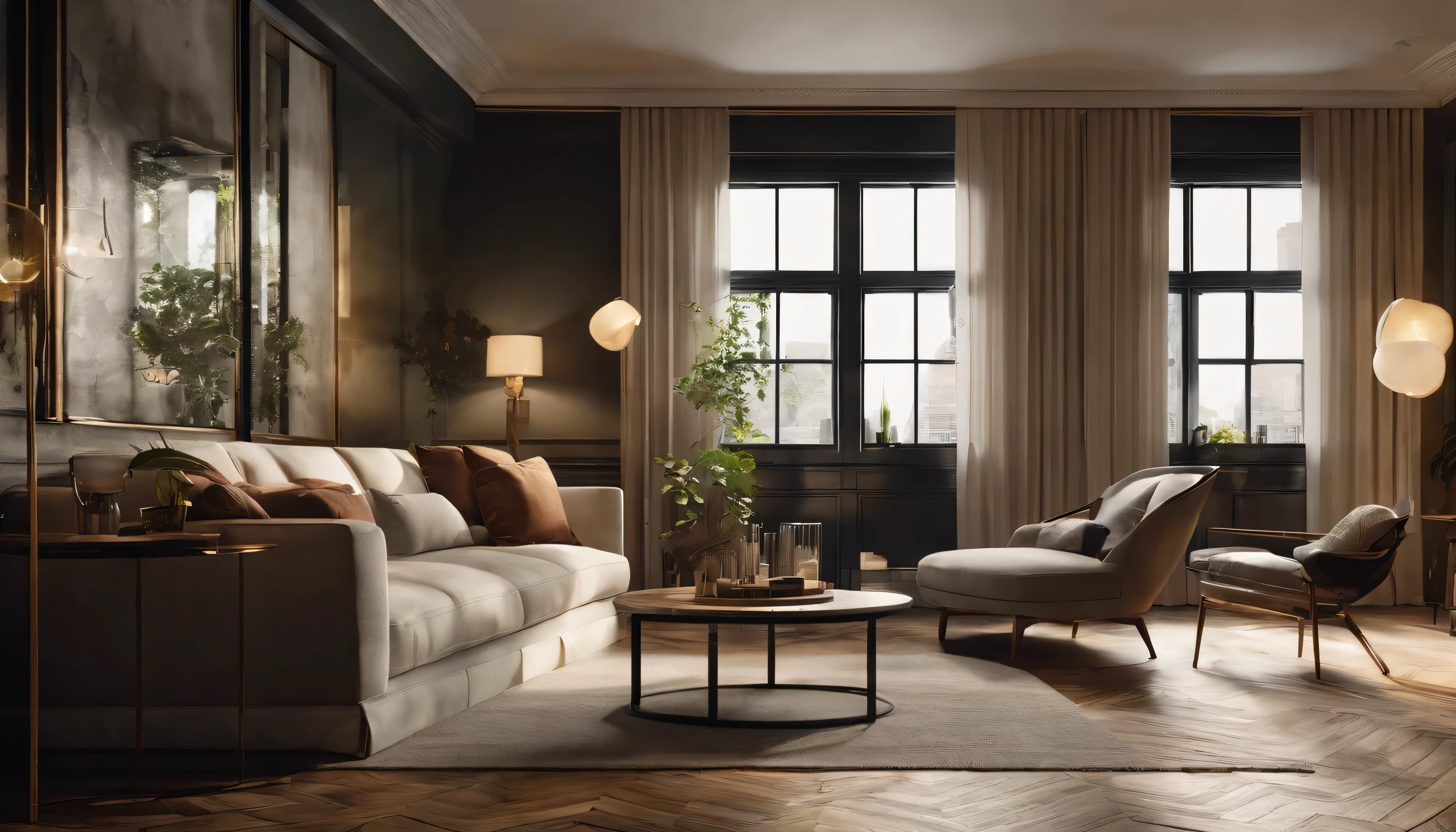 Create a vivid and detailed description of a luxurious, modern apartment with a high-end interior design. The apartment features a beautiful wooden deck, a stunning yellow sofa, and a kitchen area with a table where a bottle of beer is placed. The room has a large, bright yellow curtain that stretches from floor to ceiling. The wall is decorated with a stunning art poster, and a single, elegant plant is placed in the corner. The atmosphere is modern and sophisticated, with a city-like urban feel. The room is bathed in the warm light of a stand lamp, with a subtle hint of sunlight streaming in through the window. Describe the scene in great detail, paying close attention to the textures, colors, and patterns. Use descriptive language to bring the scene to life." This modified prompt is designed to provide specific and concrete details that the ChatGPT model can work with to generate a vivid and accurate description of the scene. By using specific keywords such as "luxurious", "modern", "wooden deck", "yellow sofa", and "art poster", the prompt provides a clear direction for the model to generate a detailed and precise description of the scene. Additionally, the use of adjectives such as "vivid", "detailed", "stunning", and "elegant" helps to provide a sense of the tone and style of the description.