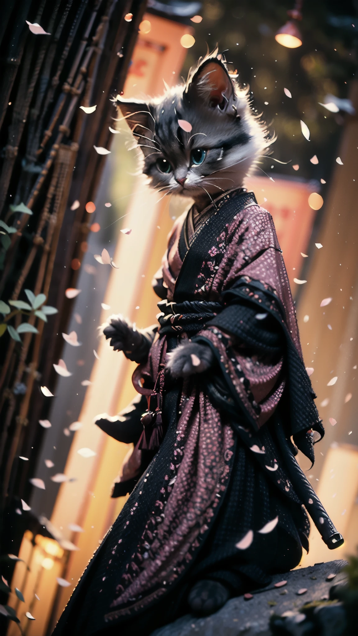 highest quality, masterpiece, Ultra-high resolution, RAW Photos, beautifully、aesthetic,Deep Shadow, Dark Theme,(Realistic:1.4), ((Soft lighting, Dim Light, Dark Scene, night):1.4)
White kitten, Hanfu, Holding a sword, Cyberpunk City, Neon Light, 
Graceful posture, An inspiring atmosphere, A magnetic being, Sophisticated Seduction, Fascinating Mystery,
Intricate Zentangle Patterns, One Woman, Incredible level of detail, generously given, Impressive viewpoint, a chaotic masterpiece, Elegantly poised, Vibrant color palette, ((Outdoor)), Inspired by futuristic architecture
