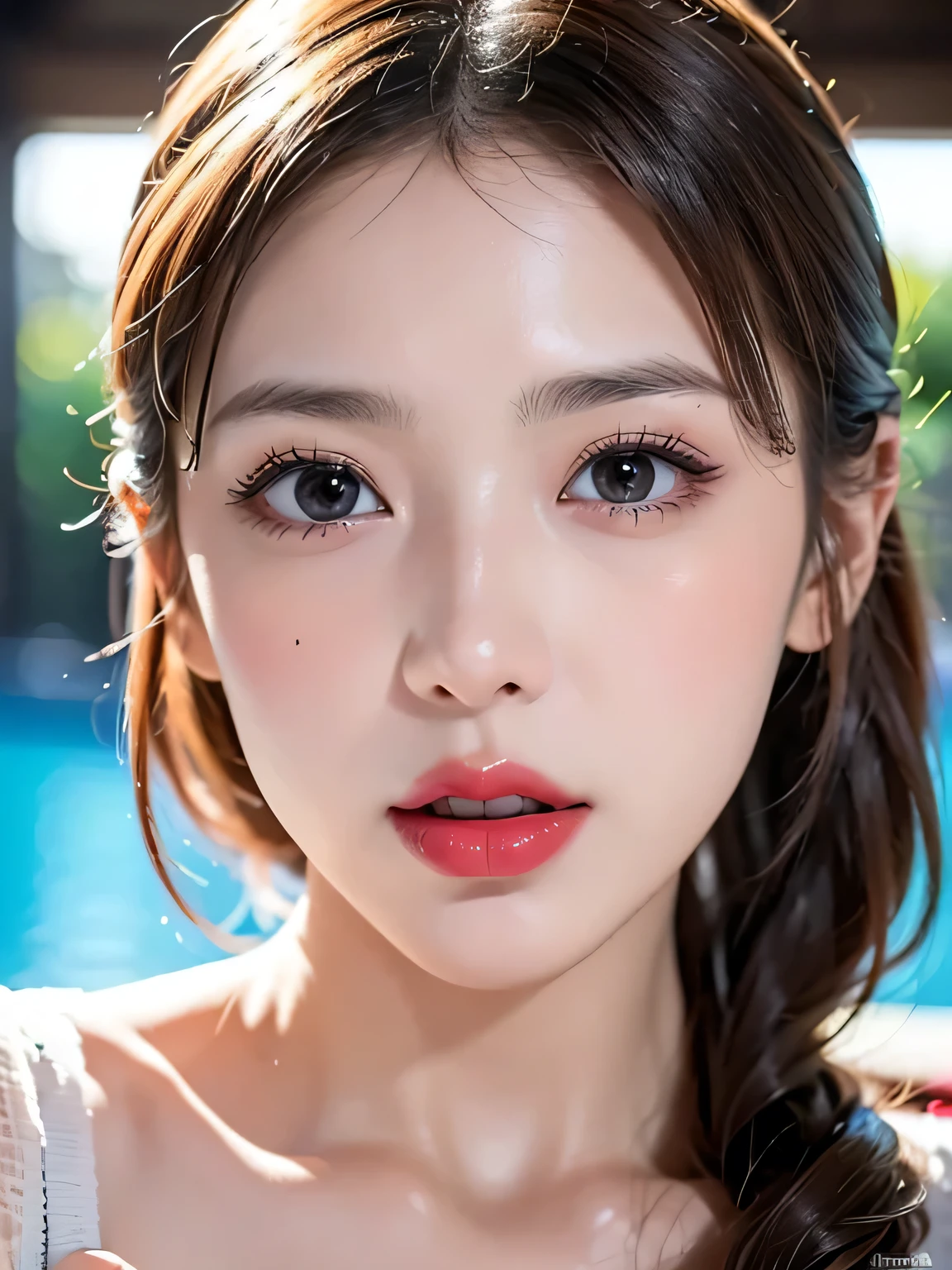 (((sfw:1.5)))、((Near the huge summer pool)), Real、8k、 ((Anatomically correct)), ((Perfect balance)) , 8-year-old、1 female、Round face with a large chin、Baby Face、Cute Smile、 A close-up of her face:0.6, Top quality soft lighting, ((realistic perfectly round brown_eye:1.3、Big Eyes、Dripping eye)), (Light pale complexion), ((Detailed pupils:1.4)), (Perfect Makeup:1.3), (Symmetrical lips:1.3)),(Bright shiny red_lipstick:1.35), ((Blue eyelashes: 1.17)), (Very detailed, Beautiful little nose:1.2), (Perfect composition), ((Sunburned skin:1.28)), ((Oily skin)), ((The blackＹshirt, The blackチューブトップブラジャー) , The background is simple and blue, The gaze is directed downwards at a low angle、 (((Anatomically correct)))、（Perfect Body Proportions)、(Natural Hands、Natural Fingers、Natural Legs)