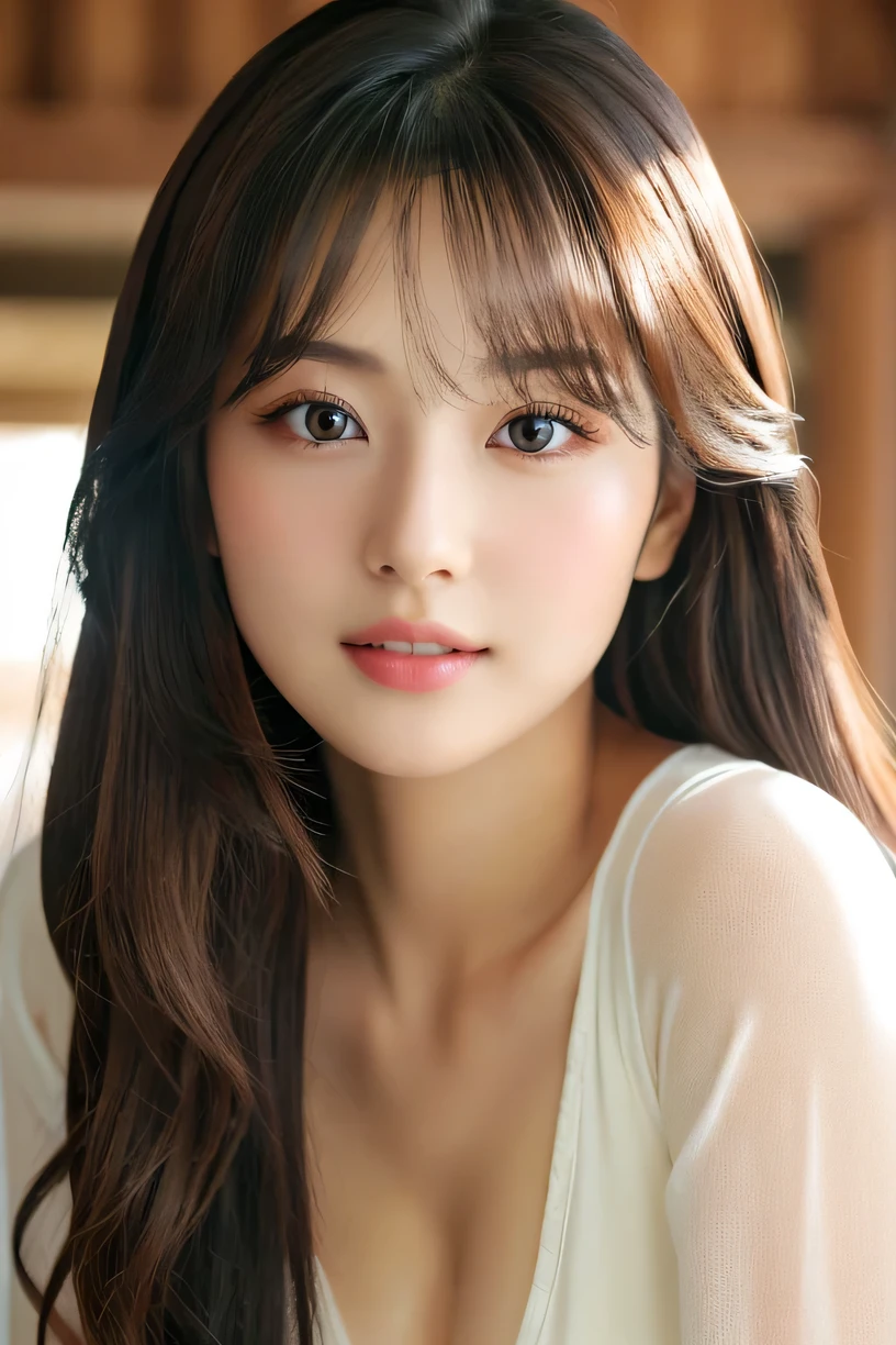 (((8k,Very detailed,Attention to detail、highest quality,masterpiece,Attention to detail))),RAW Photos & Realistic atmosphere,Professional Lighting,Beautiful dark eyes,Glossy lips,beautiful黒い Eyes,White skin、Deep black eyes,とてもBeautiful face,とてもBeautiful face、Beautiful face,beautiful, Glossy lips,beautiful Eyebrows,Realistic Skin, Realistic Young Gravure Idol,Very cute woman , Young Gravure Idol, Young Gravure Idol, とても美しくてかわいいbeautiful 21 year old beauty,Incredibly beautiful and elegant,beautiful 21 year old beauty,Natural soft light,(Shiny Hair,,beautiful and kind eyes:1.5),Gentle features,Shapely breasts,Long Hair,beautiful posture,No makeup,Looking into the camera,Japanese women,