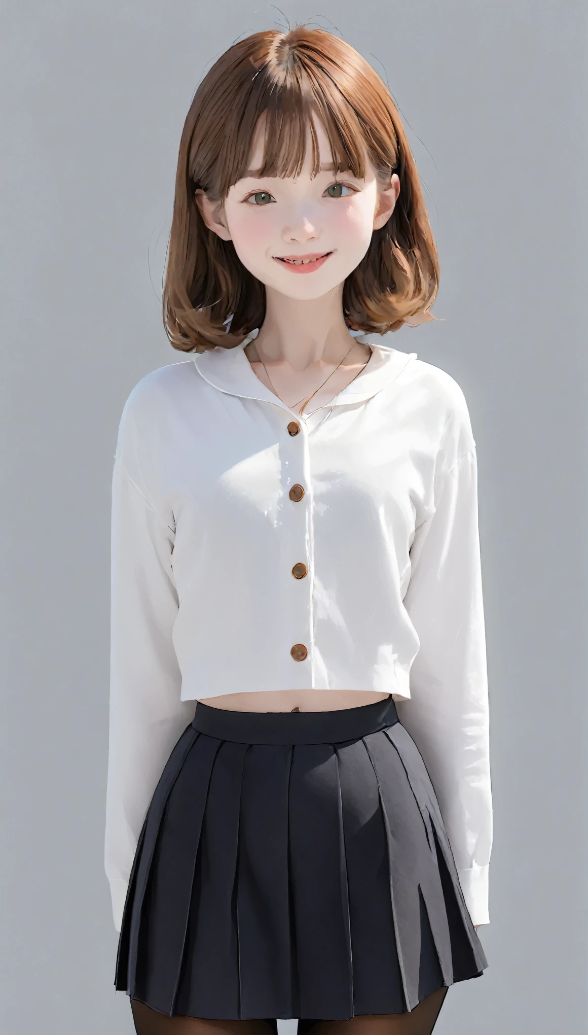4K, masterpiece, 8k, high quality, 最high quality,10歳のcute少等生, Very white skin, Long brown hair,a bit,Low length,freckles,Thin eyebrows,Straight Bangs,(Flat Chest) ,feminine, freckles, Tilt, elegant, elegant, cute, smile, cute, Hilarious, belly button, Denim Low Rise Mini Skirt, ((Black Pantyhose)), (Ugly clothes)、((Gray background))