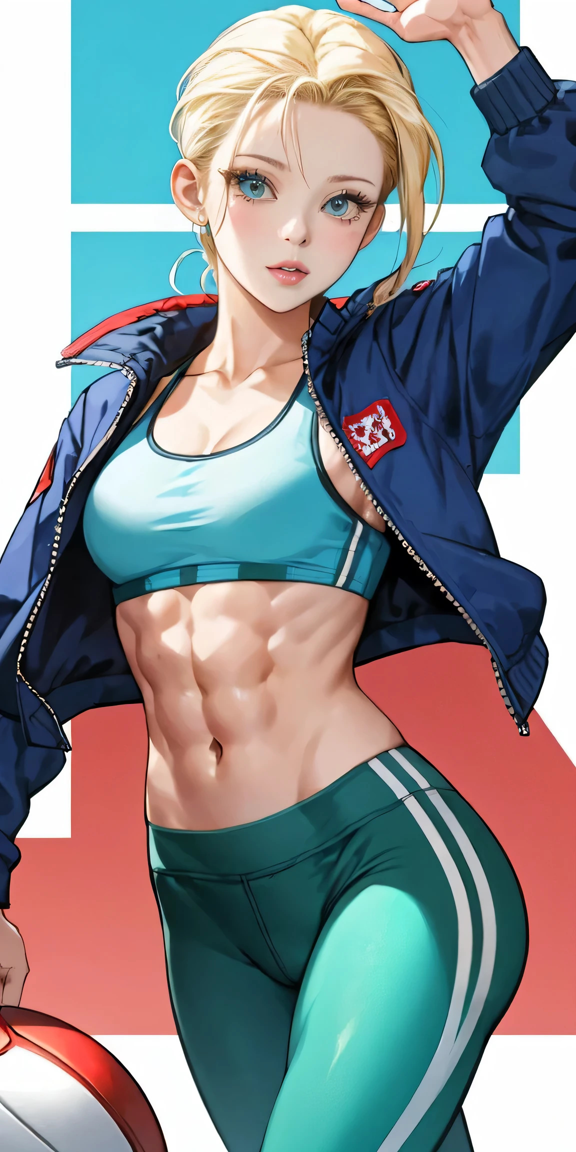 cammy_white , cammy sf6 ,solo , blonde hair ,hair slicked back, blue eyes, short hair, sports bra , blue jacket , yoga pant, looking at viewer, abs,