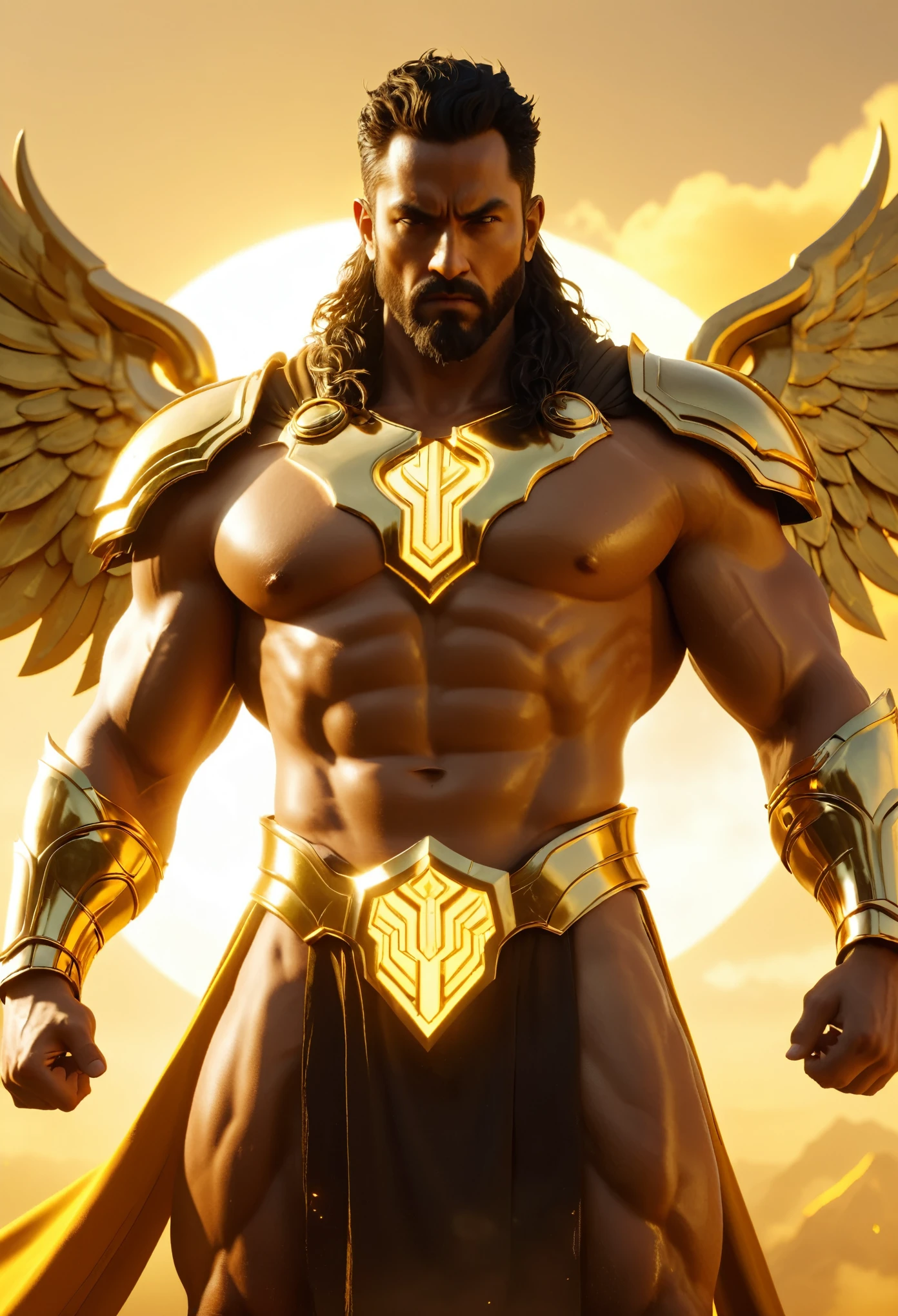 Cinematic shot of the God covering his chest with "Mk" on it, wearing golden armor with a giant godly body size and powerful physique, a powerful aura around him against a yellow sky background in the epic style of a video game screenshot rendered with octane or unreal engine 5.