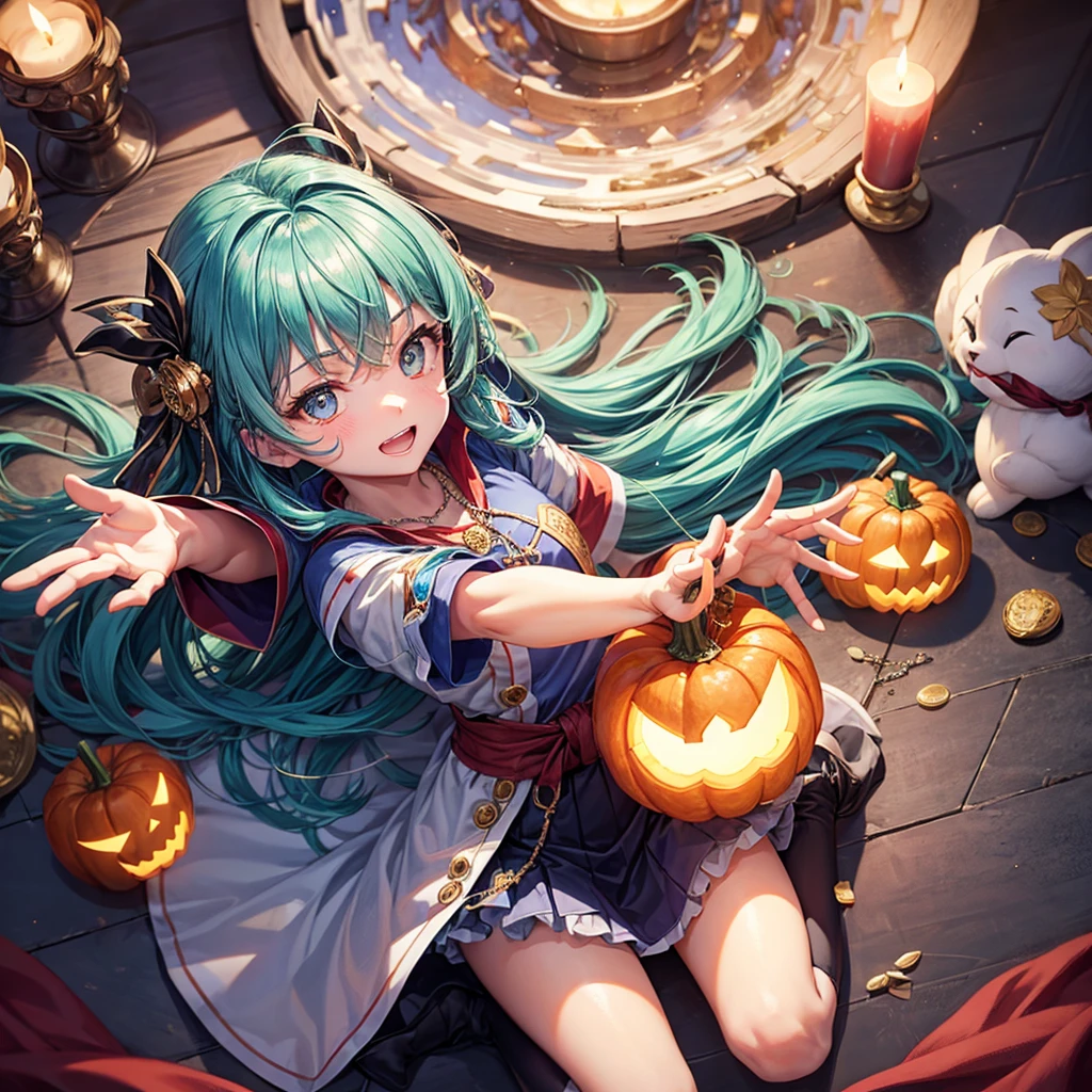 Aqua blue hair、Golden Eyes、Braid、One good looking girl、solo、anime、Checkered mini skirt、Ruffles on the skirt、Red T-shirt、Cape、Gothic、Black knee-high socks、bandana、Fluffy clothes、Wearing a ribbon、Ribbon on waist、Tilting face、Teeth are visible、Sunset sky、Piercing the clouds、Contrail、lotus leaves、Cumulonimbus、Pillar of Light、candle fire、Silver coin necklace、A world of light、Spreading his arms for balance、Pumpkin hat、From above