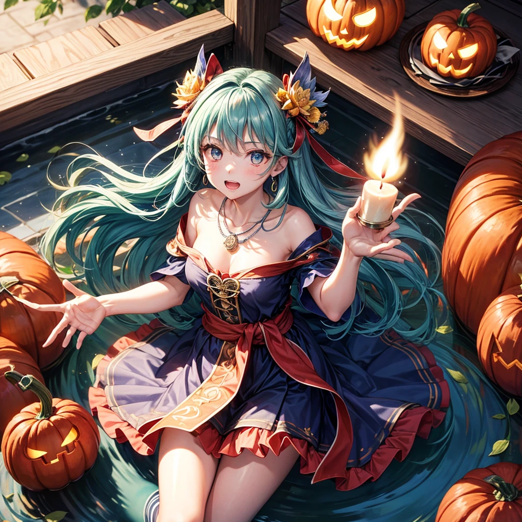 Aqua blue hair、Golden Eyes、Braid、One good looking girl、solo、anime、Checkered mini skirt、Ruffles on the skirt、Red T-shirt、Cape、Gothic、Black knee-high socks、bandana、Fluffy clothes、Wearing a ribbon、Ribbon on waist、Tilting face、Teeth are visible、Sunset sky、Piercing the clouds、Contrail、lotus leaves、Cumulonimbus、Pillar of Light、candle fire、Silver coin necklace、A world of light、Spreading his arms for balance、Pumpkin hat、From above