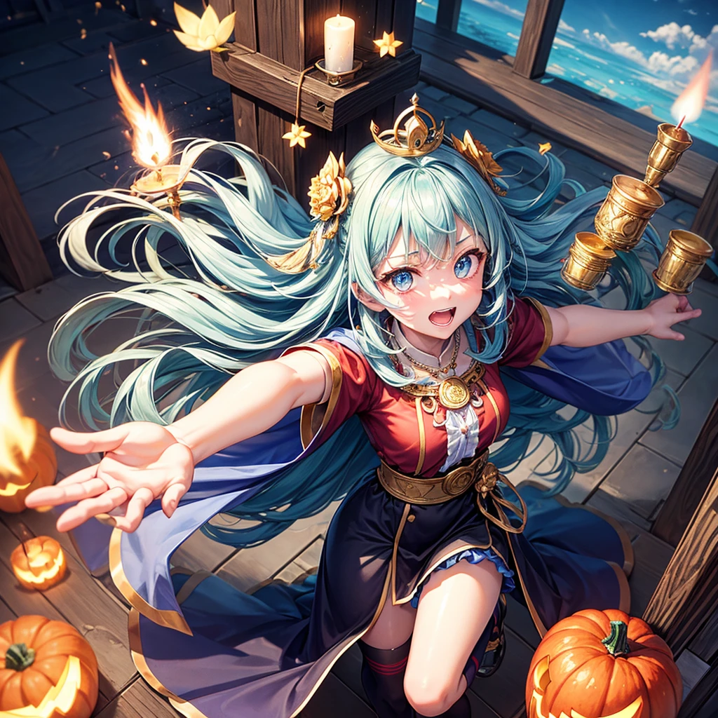 Aqua blue hair、Golden Eyes、Braid、One good looking girl、solo、anime、Checkered mini skirt、Ruffles on the skirt、Red T-shirt、Cape、Gothic、Black knee-high socks、bandana、Fluffy clothes、Wearing a ribbon、Ribbon on waist、Tilting face、Teeth are visible、Sunset sky、Piercing the clouds、Contrail、lotus leaves、Cumulonimbus、Pillar of Light、candle fire、Silver coin necklace、A world of light、Spreading his arms for balance、Pumpkin hat、From above