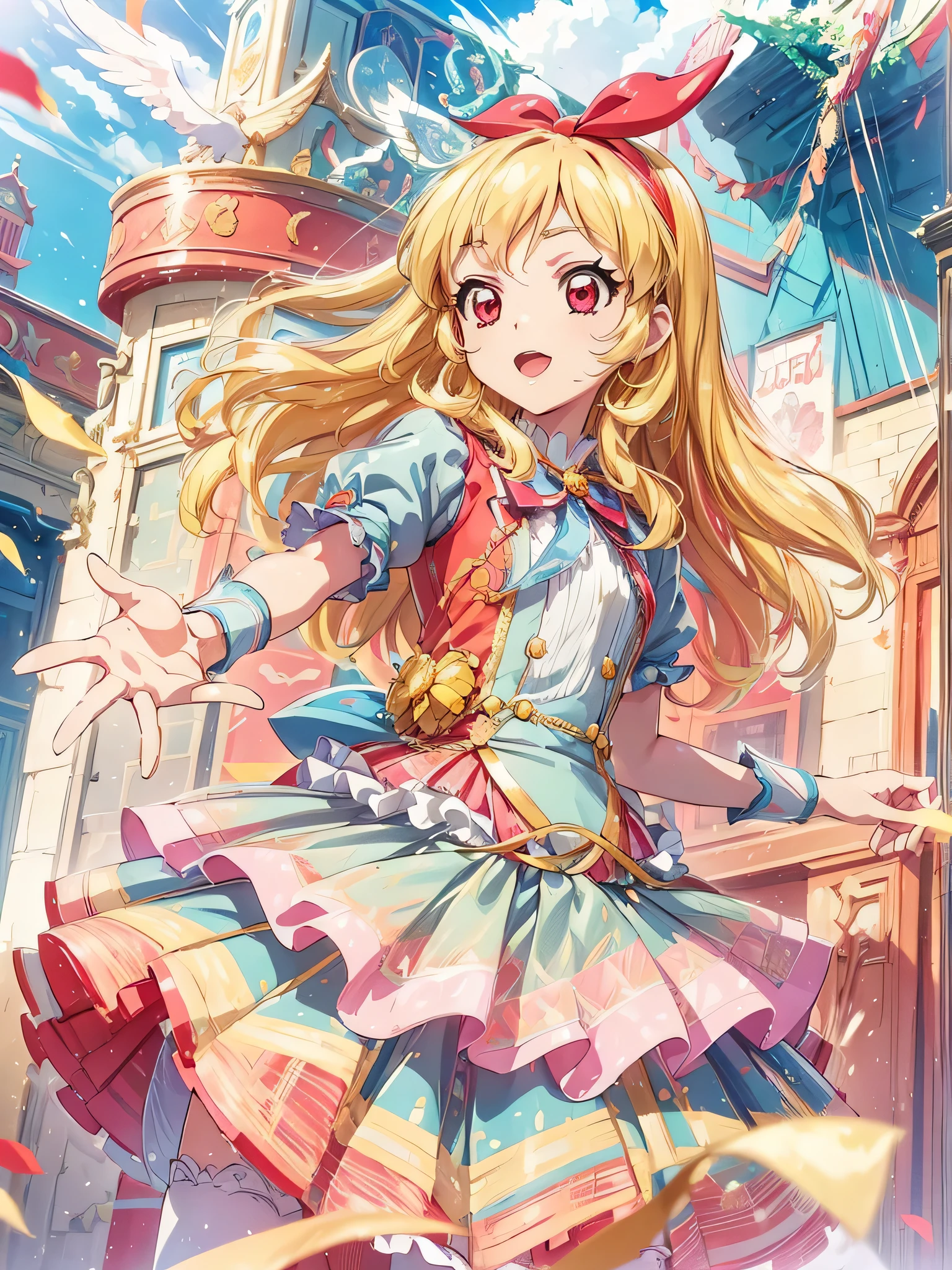COWBOY shot:1.4,(masterpiece, best quality, highly detailed, ultra detailed, high resolution, absurdres, 4K, 8K:1.2), (official art, incredibly fine illustration, extremely detailed CG, detailed background, cinematic lighting, dynamic angle, perfect hands, detailed shiny skin, detailed hair, detailed eyes)(extremely awesome detailed pretty face,beauty face)(extremely detailed)(Three-dimensional depiction)
BREAK,,aikatsu,hosimiya ichigo, 1girl, , solo, , Blonde hair, , ANGEL wing, RED eyes, looking at viewer,Ichigo Hoshimiya (Aikatsu!)