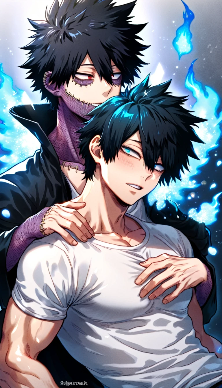 absurdres, highres, ultra detailed, HDR, master piece, best quality, Dabi, black hair, expressive turquoise eyes, Boku no hero academia, Shigaraki Tomura, white medium hair, expressive red eyes, two sexy men together, gay couple, yaoi, handsome, toned chest, magical, fantasy, black coat with high collar, white shirt, blue flames background, blue roses, shining, blue petals, blue glittering fireflies, blue fire