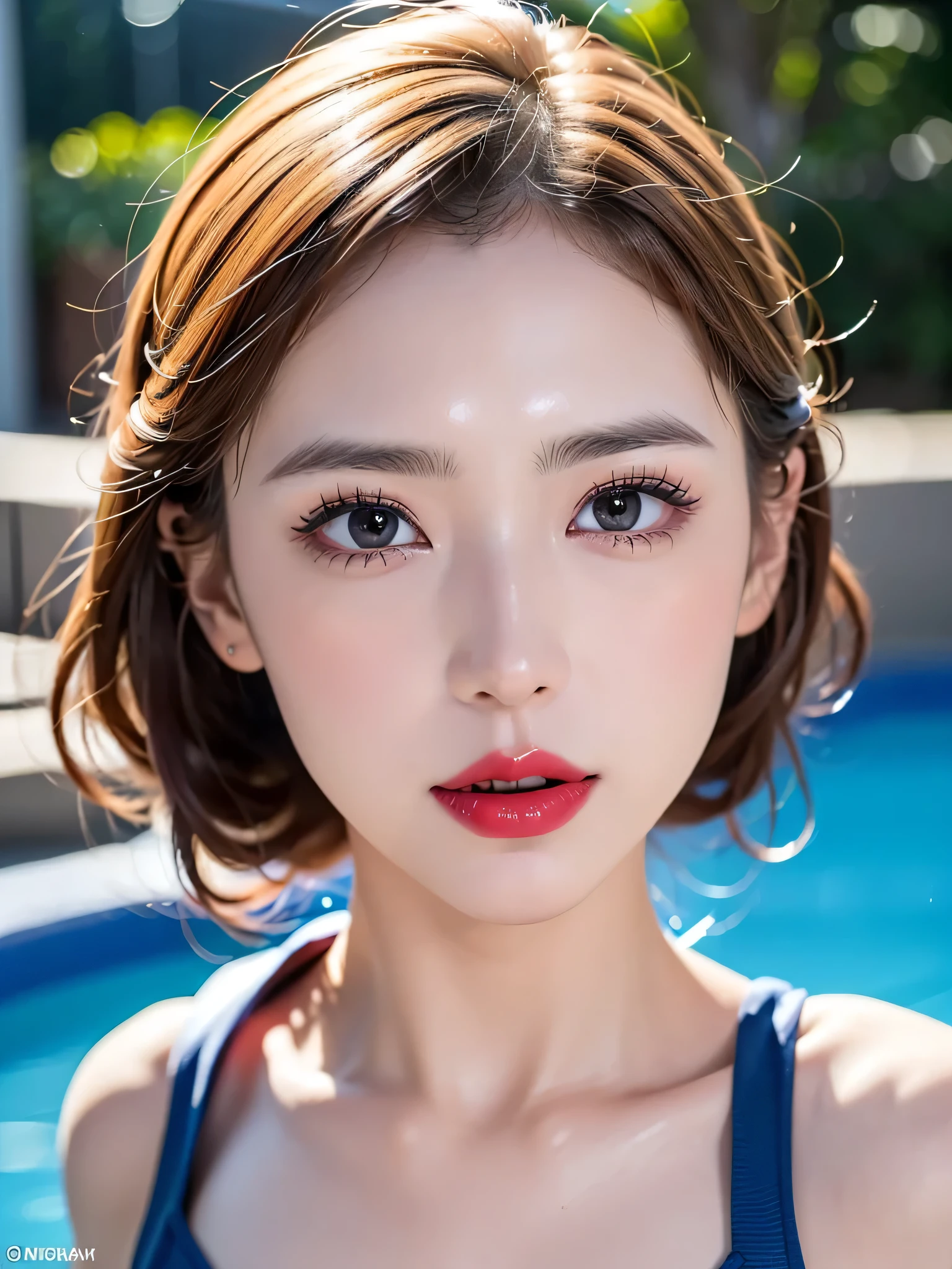 (((sfw:1.5)))、((Near the huge summer pool)), Real、8k、 ((Anatomically correct)), ((Perfect balance)) , 8-year-old、1 female、Round face with a large chin、Baby Face、Cute Smile、 A close-up of her face:0.6, Top quality soft lighting, ((realistic perfectly round brown_eye:1.3、Big Eyes、Dripping eye)), (Light pale complexion), ((Detailed pupils:1.4)), (Perfect Makeup:1.3), (Symmetrical lips:1.3)),(Bright shiny red_lipstick:1.35), ((Blue eyelashes: 1.17)), (Very detailed, Beautiful little nose:1.2), (Perfect composition), ((Sunburned skin:1.28)), ((Oily skin)), ((The blackＹshirt, The blackチューブトップブラジャー) , The background is simple and blue, The gaze is directed downwards at a low angle、 (((Anatomically correct)))、（Perfect Body Proportions)、(Natural Hands、Natural Fingers、Natural Legs)