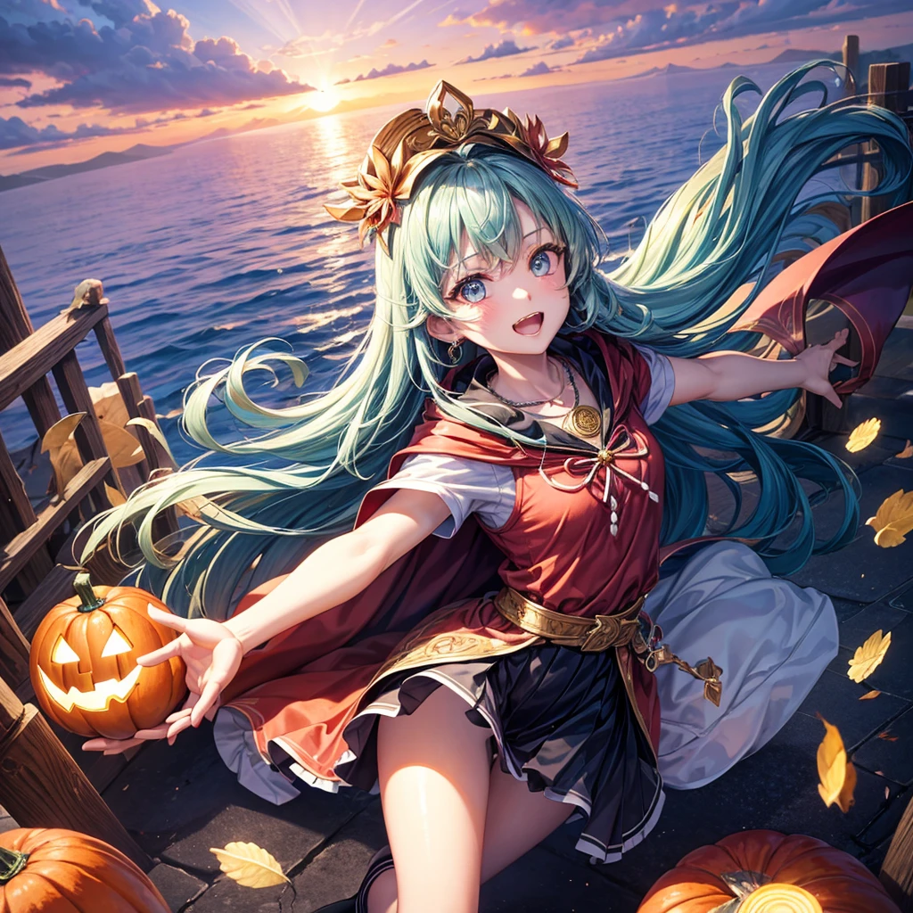 Aqua blue hair、Golden Eyes、Braid、One good looking girl、solo、anime、Checkered mini skirt、Ruffles on the skirt、Red T-shirt、Cape、Gothic、Black knee-high socks、bandana、Fluffy clothes、Wearing a ribbon、Ribbon on waist、Tilting face、Teeth are visible、Sunset sky、Piercing the clouds、Contrail、lotus leaves、Cumulonimbus、Pillar of Light、candle fire、Silver coin necklace、A world of light、Spreading his arms for balance、Pumpkin hat、From above