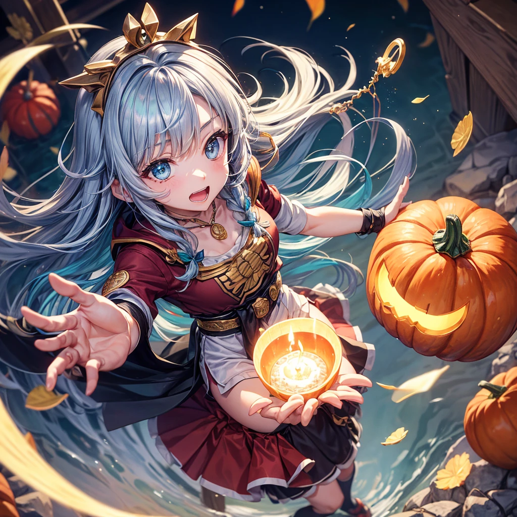 Aqua blue hair、Golden Eyes、Braid、One good looking girl、solo、anime、Checkered mini skirt、Ruffles on the skirt、Red T-shirt、Cape、Gothic、Black knee-high socks、bandana、Fluffy clothes、Wearing a ribbon、Ribbon on waist、Tilting face、Teeth are visible、Sunset sky、Piercing the clouds、Contrail、lotus leaves、Cumulonimbus、Pillar of Light、candle fire、Silver coin necklace、A world of light、Spreading his arms for balance、Pumpkin hat、From above