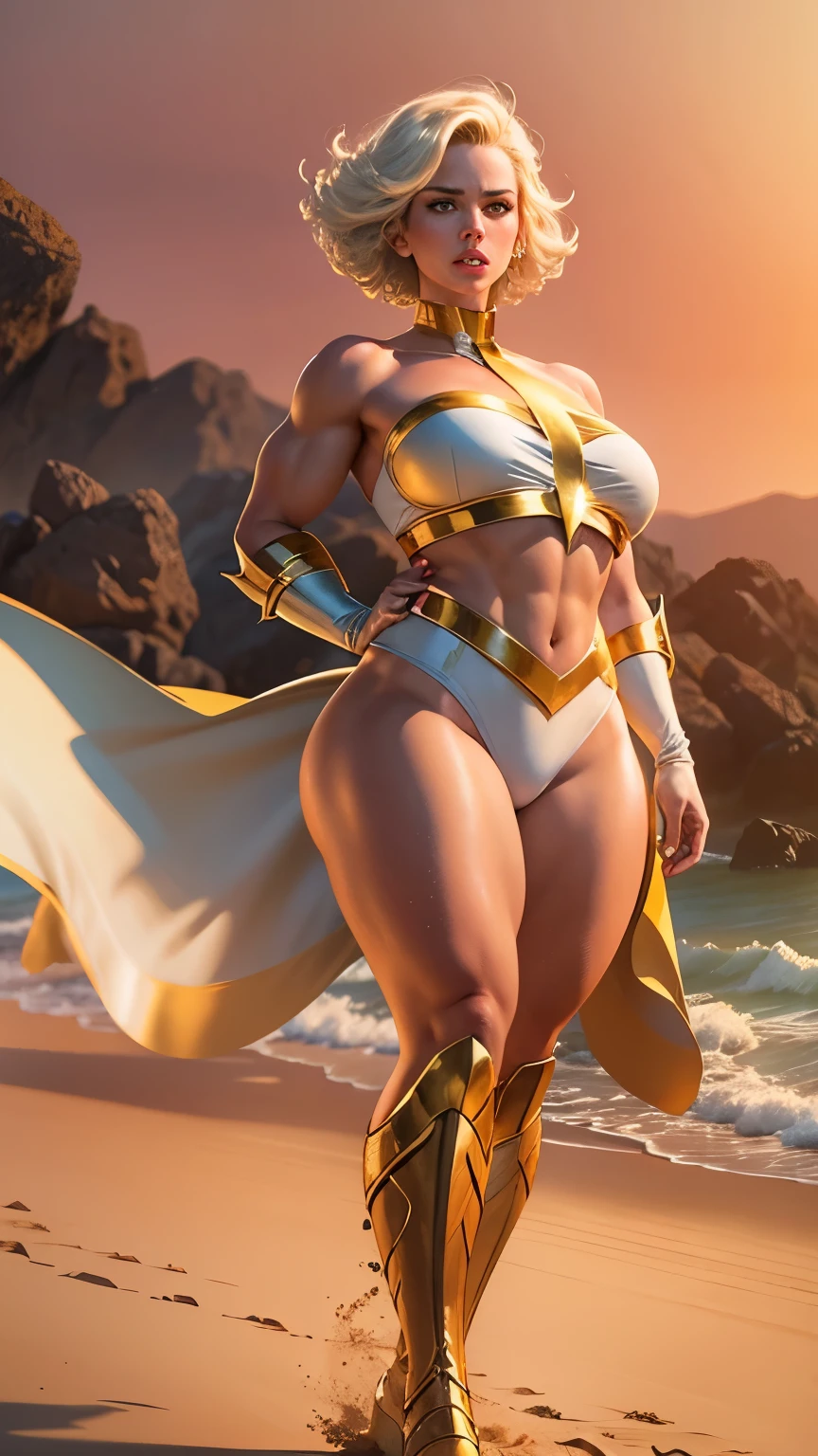 a powerful nude female superhero, like power girl from DC with a golden headband, nude, huge nipples, big areola, athletic body, big bum, on a beach background, sexy poses, hyper realistic, 8k, masterpiece, vivid colors, volumetric lighting, photorealistic, highly detailed, dynamic pose, dramatic lighting, vivid colors, cinematic composition