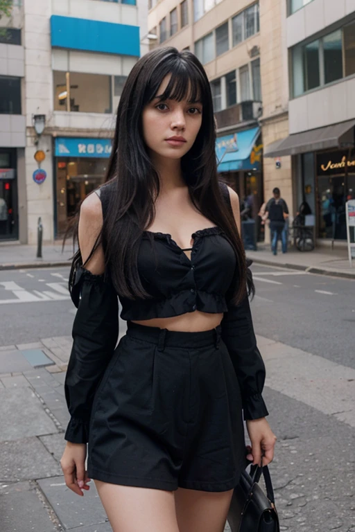 Create an image of a girl with long black hair and bangs, put her wearing a blue outfit as if she had taken it on your cell phone camera