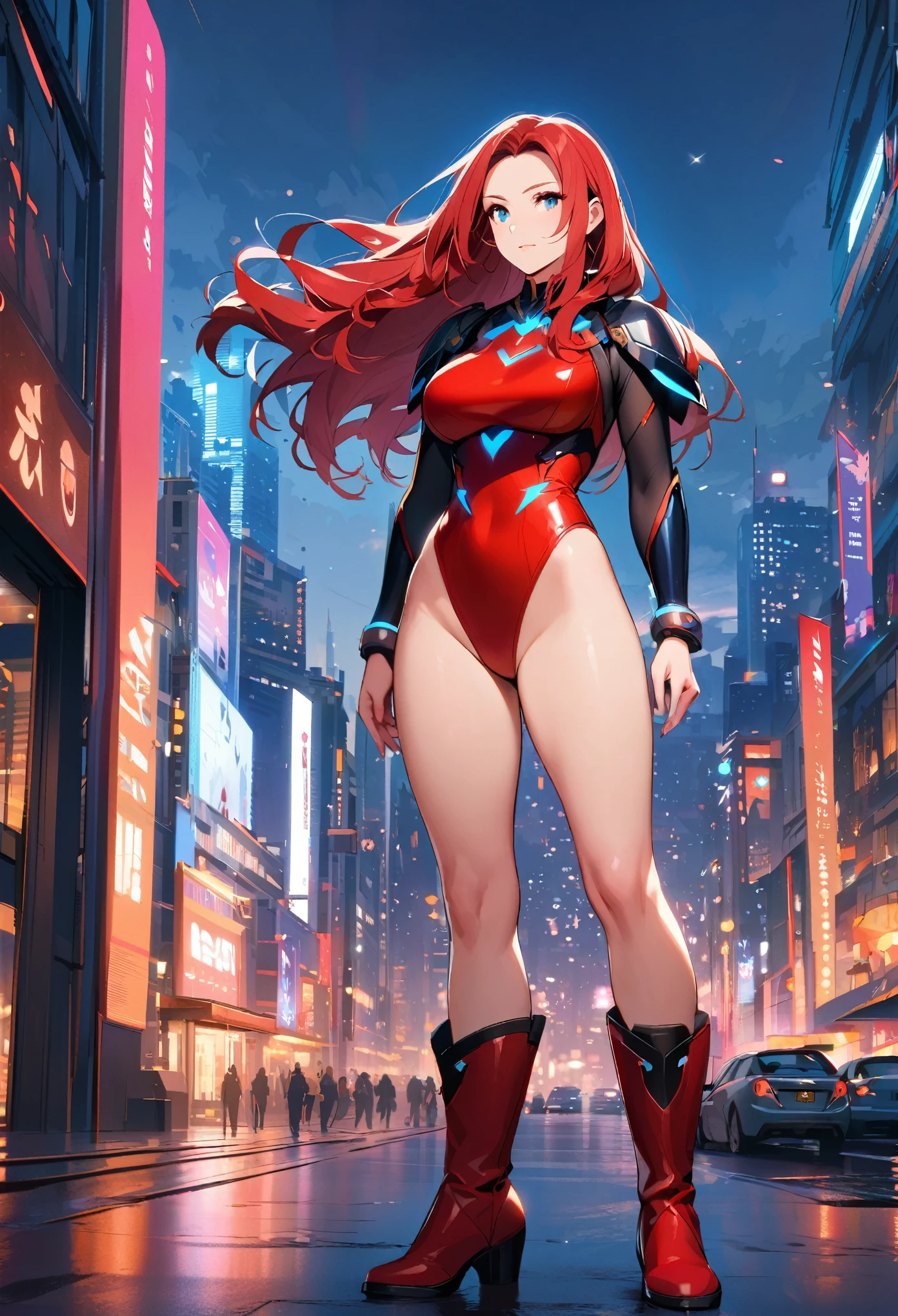 1girl, medium breasts, leotard, red leotard with blue accents, bare legs, boots, matching boots, bracelets, city backdrop, solo, single, standing, full body shot, cowboy shot, beautiful detailed eyes, mature lady, red hair, long hair