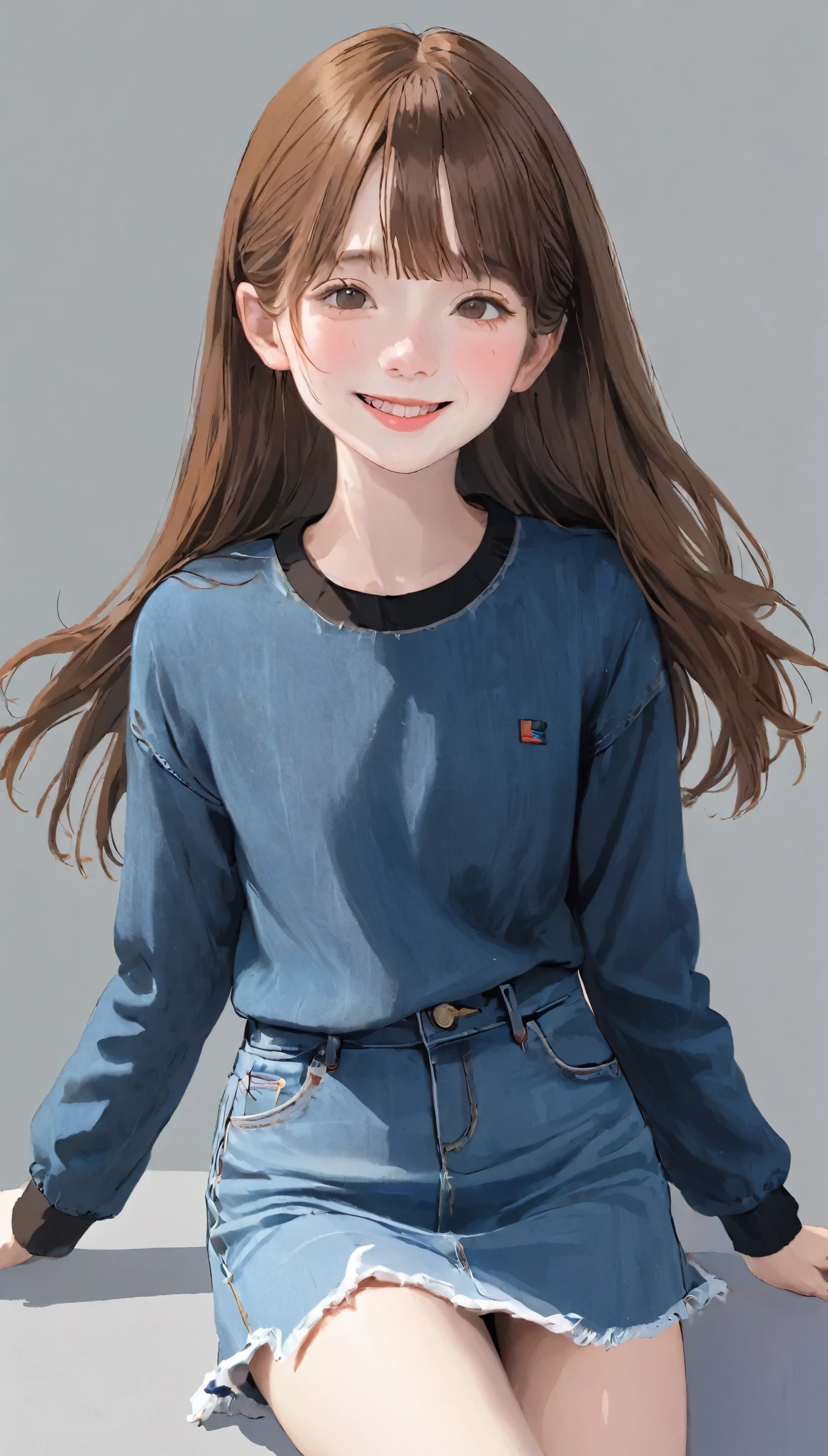 4K, masterpiece, 8k, high quality, 最high quality,10歳のcute少等生, Very white skin, Long brown hair，a bit，Low length，freckles，Thin eyebrows，Straight Bangs，(Flat Chest) ，feminine, freckles, Tilt, elegant, elegant, cute, smile, cute, Hilarious, belly button, Denim Low Rise Mini Skirt, ((Black knee socks)), (Ugly clothes)、((Gray background))