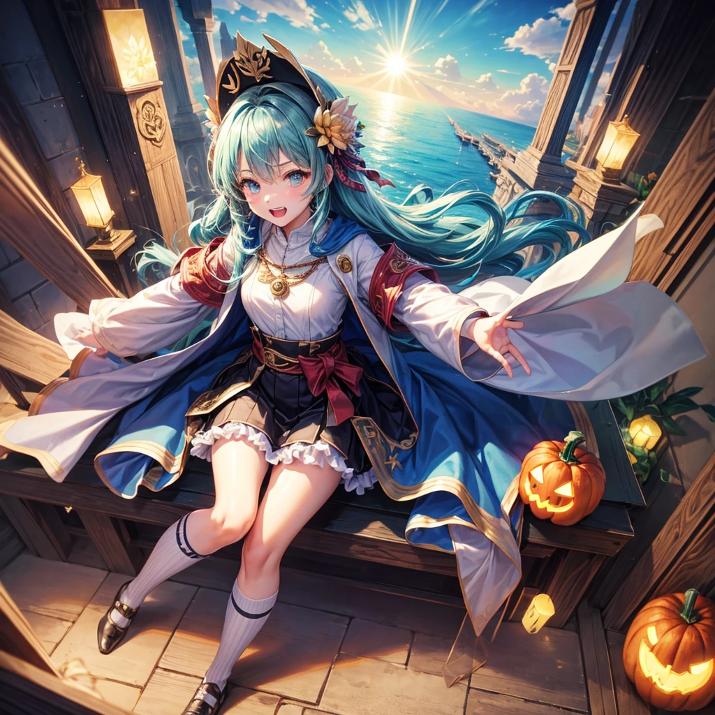 Aqua blue hair、Golden Eyes、Braid、One good looking girl、solo、anime、Checkered mini skirt、Ruffles on the skirt、Red T-shirt、Cape、Gothic、Black knee-high socks、bandana、Fluffy clothes、Wearing a ribbon、Ribbon on waist、Tilting face、Teeth are visible、Sunset sky、Piercing the clouds、Contrail、lotus leaves、Cumulonimbus、Pillar of Light、candle fire、Silver coin necklace、A world of light、Spreading his arms for balance、Pumpkin hat、From above