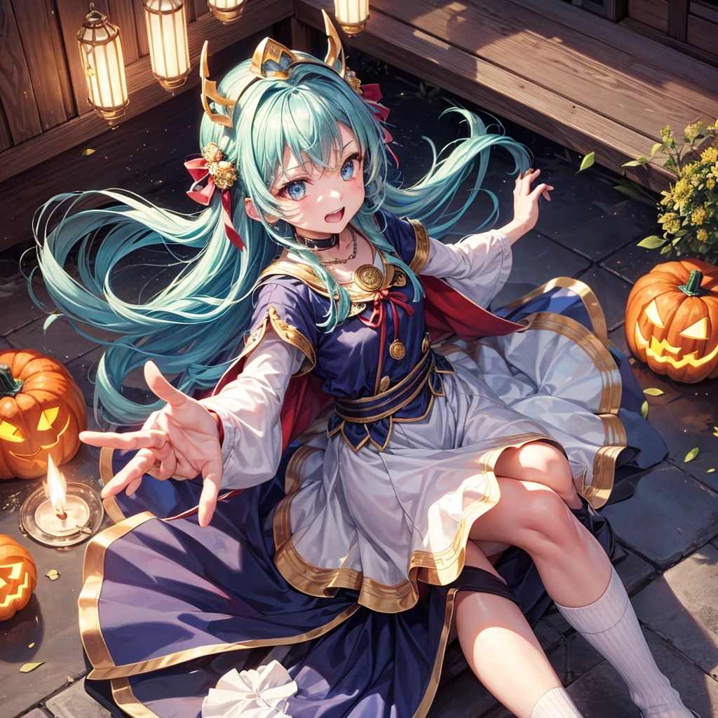 Aqua blue hair、Golden Eyes、Braid、One good looking girl、solo、anime、Checkered mini skirt、Ruffles on the skirt、Red T-shirt、Cape、Gothic、Black knee-high socks、bandana、Fluffy clothes、Wearing a ribbon、Ribbon on waist、Tilting face、Teeth are visible、Sunset sky、Piercing the clouds、Contrail、lotus leaves、Cumulonimbus、Pillar of Light、candle fire、Silver coin necklace、A world of light、Spreading his arms for balance、Pumpkin hat、From above