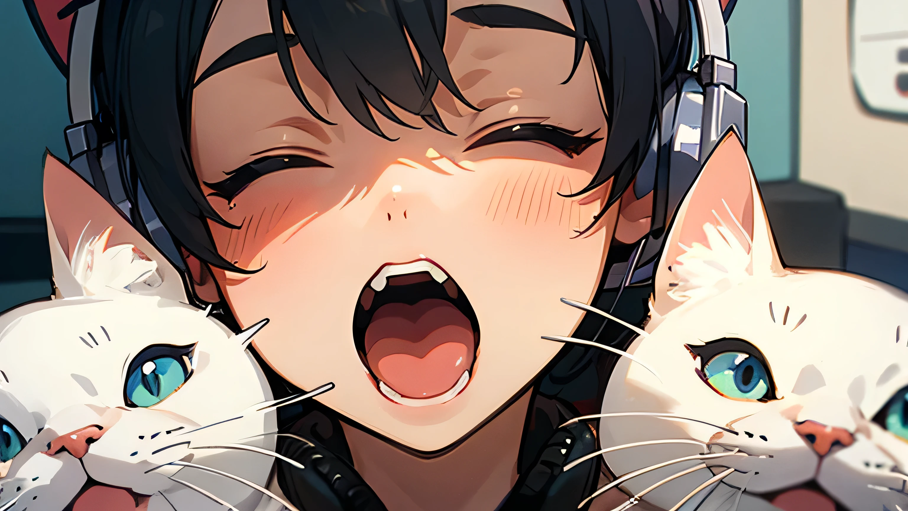 Room with speakers、Cat with headphones、Face close-up、Yawn