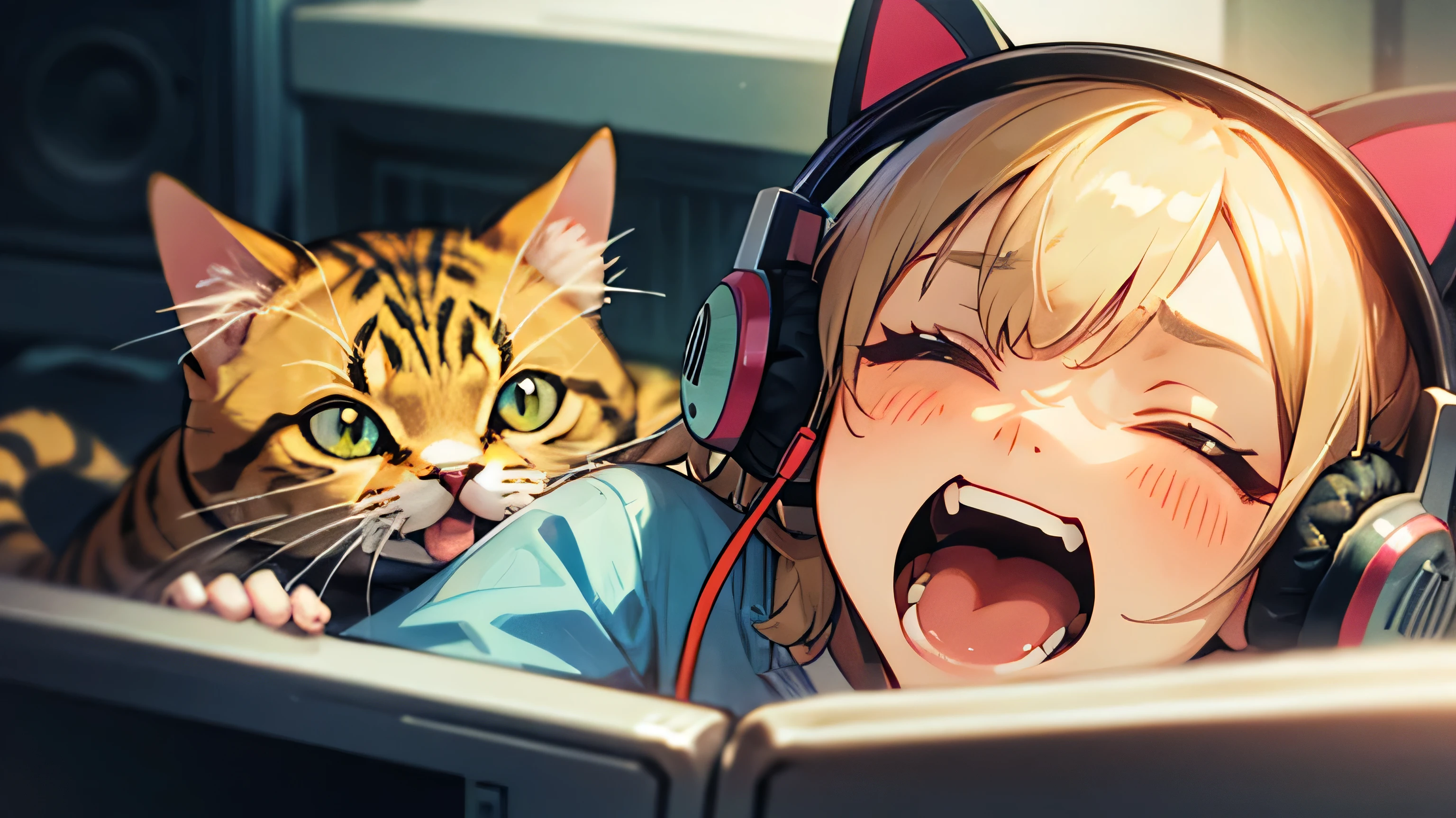 Room with speakers、Cat with headphones、Face close-up、Yawn