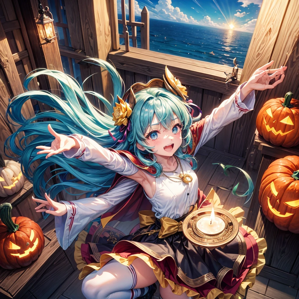 Aqua blue hair、Golden Eyes、Braid、One good looking girl、solo、anime、Checkered mini skirt、Ruffles on the skirt、Red T-shirt、Cape、Gothic、Black knee-high socks、bandana、Fluffy clothes、Wearing a ribbon、Ribbon on waist、Tilting face、Teeth are visible、Sunset sky、Piercing the clouds、Contrail、lotus leaves、Cumulonimbus、Pillar of Light、candle fire、Silver coin necklace、A world of light、Spreading his arms for balance、Pumpkin hat、From above