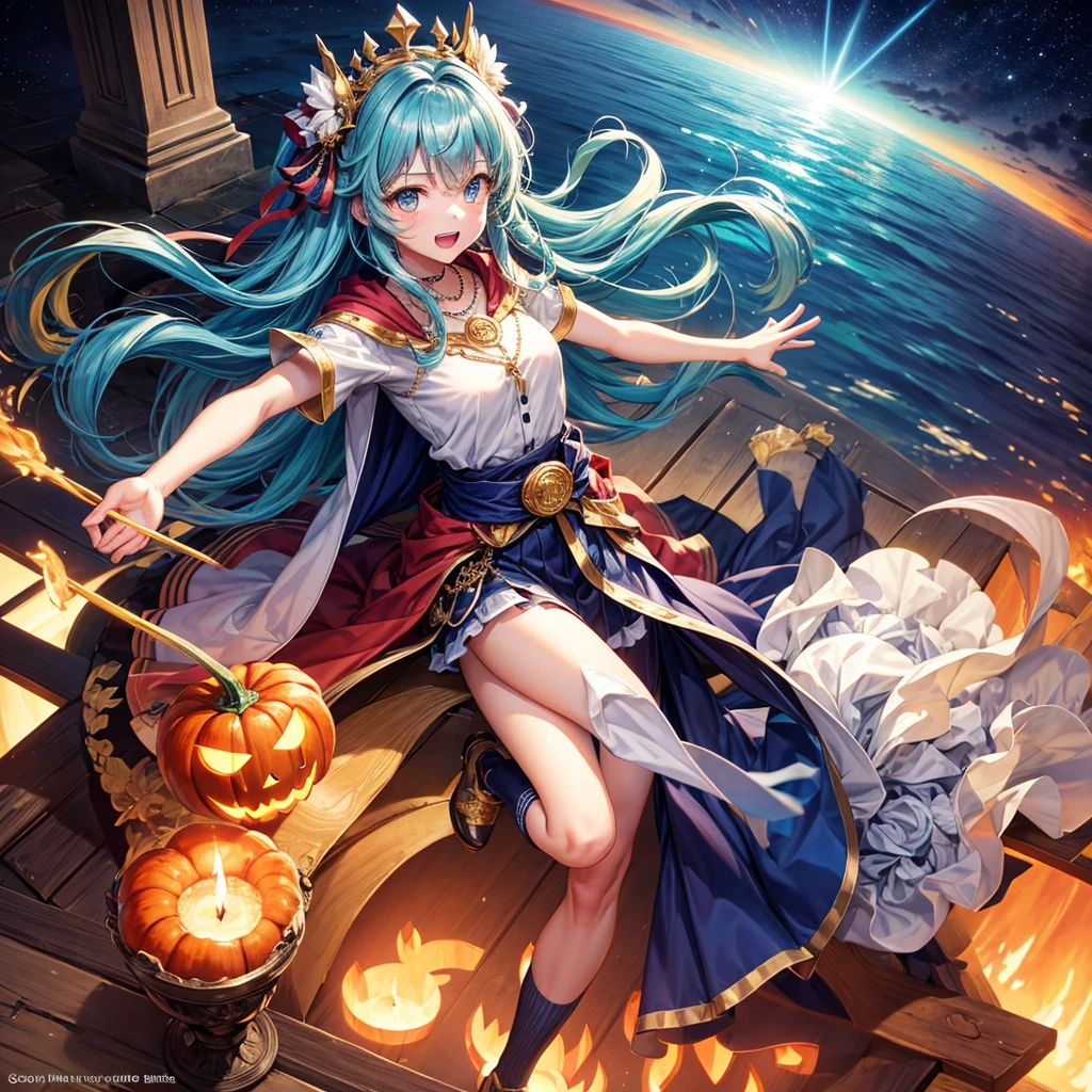 Aqua blue hair、Golden Eyes、Braid、One good looking girl、solo、anime、Checkered mini skirt、Ruffles on the skirt、Red T-shirt、Cape、Gothic、Black knee-high socks、bandana、Fluffy clothes、Wearing a ribbon、Ribbon on waist、Tilting face、Teeth are visible、Sunset sky、Piercing the clouds、Contrail、lotus leaves、Cumulonimbus、Pillar of Light、candle fire、Silver coin necklace、A world of light、Spreading his arms for balance、Pumpkin hat、From above