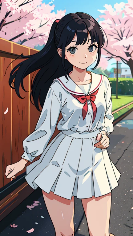 girl standing in windy cherry blossom school yard,very wet long-sleeved transparent white sailor frilled short dress with mini flare skirt fluttering,Hairless pussy,white socks,no panties,no bra,nipples sticking out on clothes,8-year-old,flat chest,petit,slender,bangs,a little smile,thighs,knees,low ponytail,hair blowing in wind,barrette,from below,front light,both hand lift skirt above the waist,legs spreading wide