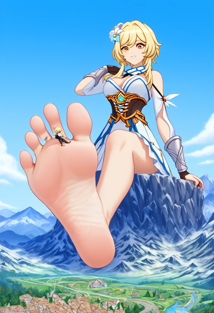 (tiny adventurers in mountains and hills in front of closeup breasts and face of a giantess: 1.5), closeup breasts and face, (from below view: 1.2), (big sized breasts) cleavage, (lumine, bangs, blonde hair, hair ornament, hair between eyes, yellow eyes, flower, hair flower, feather hair ornament,: 1.1), (medieval fantasy: 1.1), nipples, (fantasy outside: 1.1), (very low angle perspective: 1.2), (foot), barefoot, sitting, (tiny army from sky view: 1.1), (tiny army from sky view in front of closeup foot of a giantess: 1.1), (closeup long big foot: 1.4), (anorexic and skinny and tall: 1.2), (stepping on, foot step : 1.1)