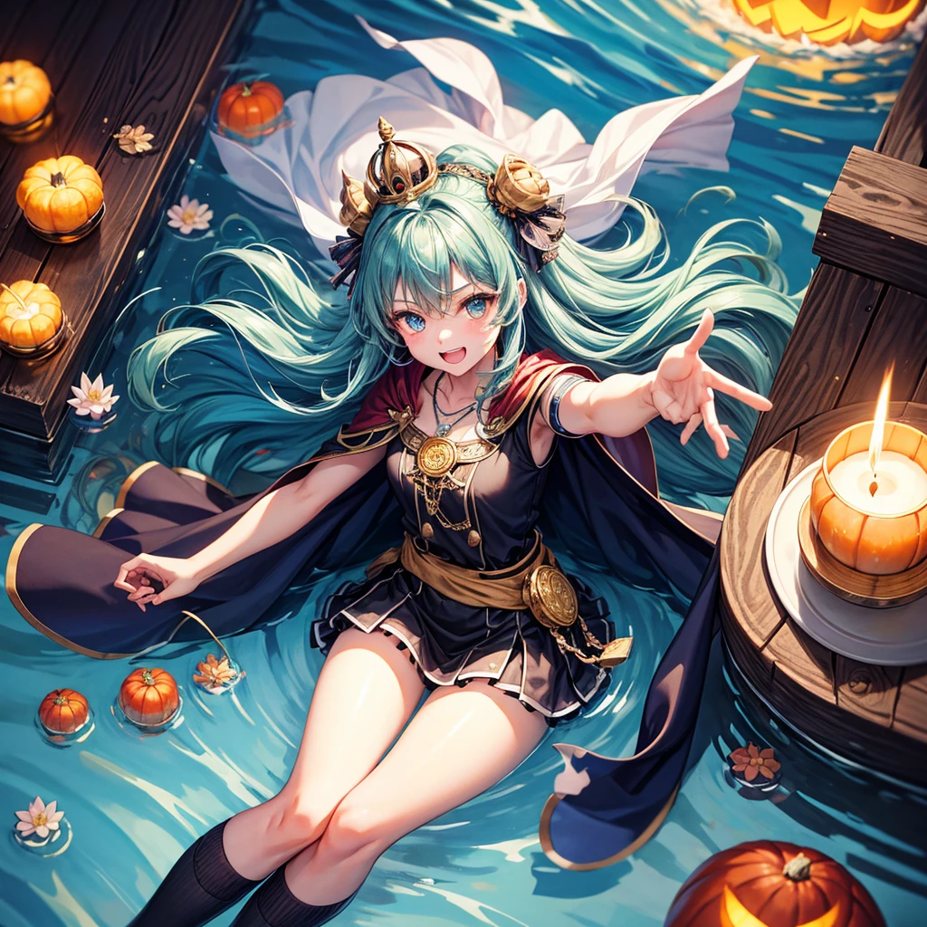 Aqua blue hair、Golden Eyes、Braid、One good looking girl、solo、anime、Checkered mini skirt、Ruffles on the skirt、Red T-shirt、Cape、Gothic、Black knee-high socks、bandana、Fluffy clothes、Wearing a ribbon、Ribbon on waist、Tilting face、Teeth are visible、Sunset sky、Piercing the clouds、Contrail、lotus leaves、Cumulonimbus、Pillar of Light、candle fire、Silver coin necklace、A world of light、Spreading his arms for balance、Pumpkin hat、From above