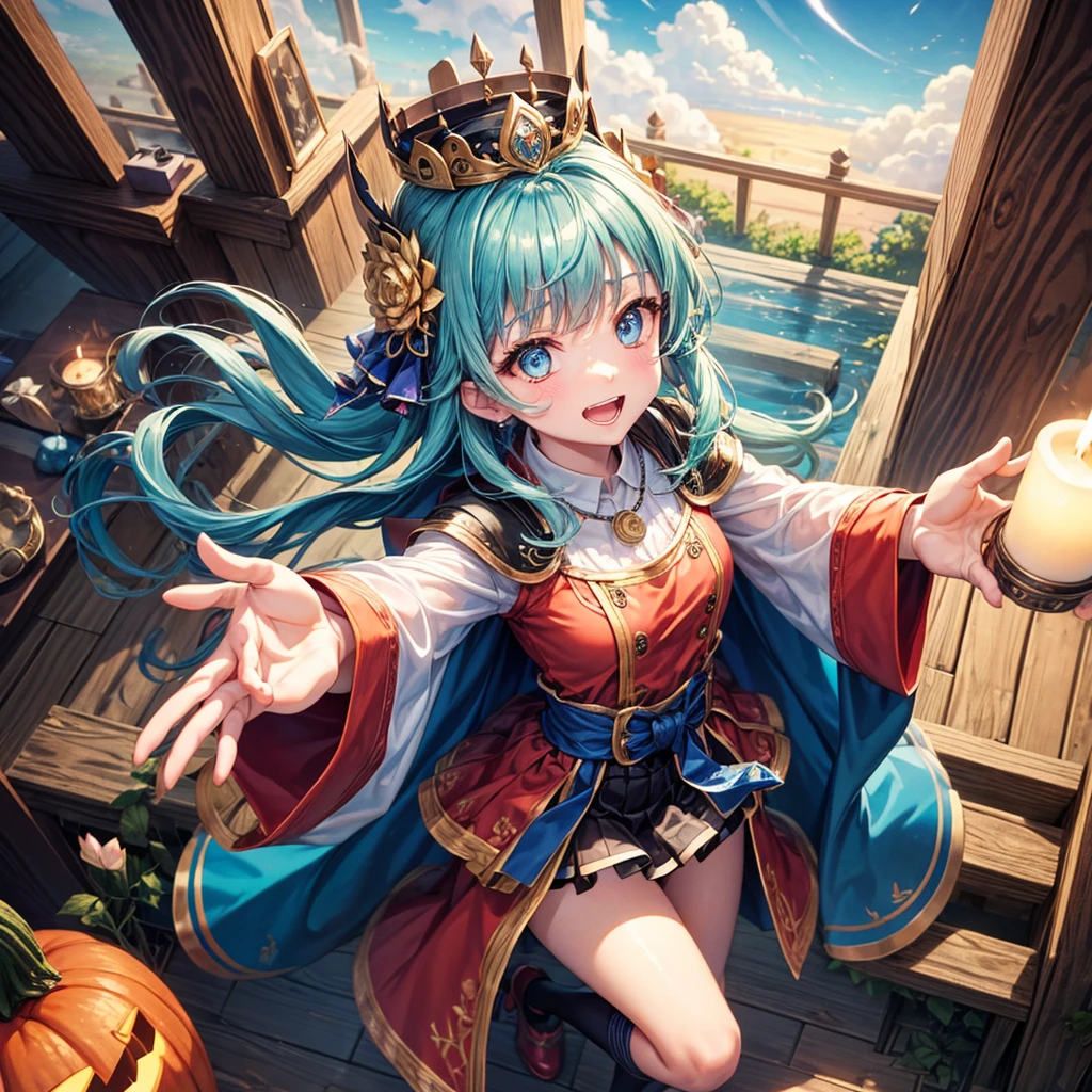 Aqua blue hair、Golden Eyes、Braid、One good looking girl、solo、anime、Checkered mini skirt、Ruffles on the skirt、Red T-shirt、Cape、Gothic、Black knee-high socks、bandana、Fluffy clothes、Wearing a ribbon、Ribbon on waist、Tilting face、Teeth are visible、Sunset sky、Piercing the clouds、Contrail、lotus leaves、Cumulonimbus、Pillar of Light、candle fire、Silver coin necklace、A world of light、Spreading his arms for balance、Pumpkin hat、From above