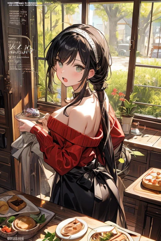 (small breasts:1.2), (perky chest:1.2), (pointed chest:1.2), (Pudding cake magazine cover:1.3)，(from above:1.0),(from side:0.9),masterpiece, 1girl, Amazing Cleavage:1.1, thin waist, big ass, Raised sexy, posed cleavage:1.2、solo, looking at viewer, open mouth, have a cute grass of cute beergrass,black hair, dark green eyes, dress, bare shoulders, jewelry, collarbone, sidelocks, hairband, earrings, indoors, off shoulder, sweater, arms behind back, plant, short hair with long locks, gild hairband, off-shoulder dress, sweater dress, off-shoulder sweater, red sweater, dark gord hair, big side hair, very long side hair,is rendered in (masterpiece: 1.2, best quality), with (ultra high resolution) and an exquisite (depth of field). This masterpiece is not only visually stunning but also tells,A scene of cooking in the kitchen by classroom
